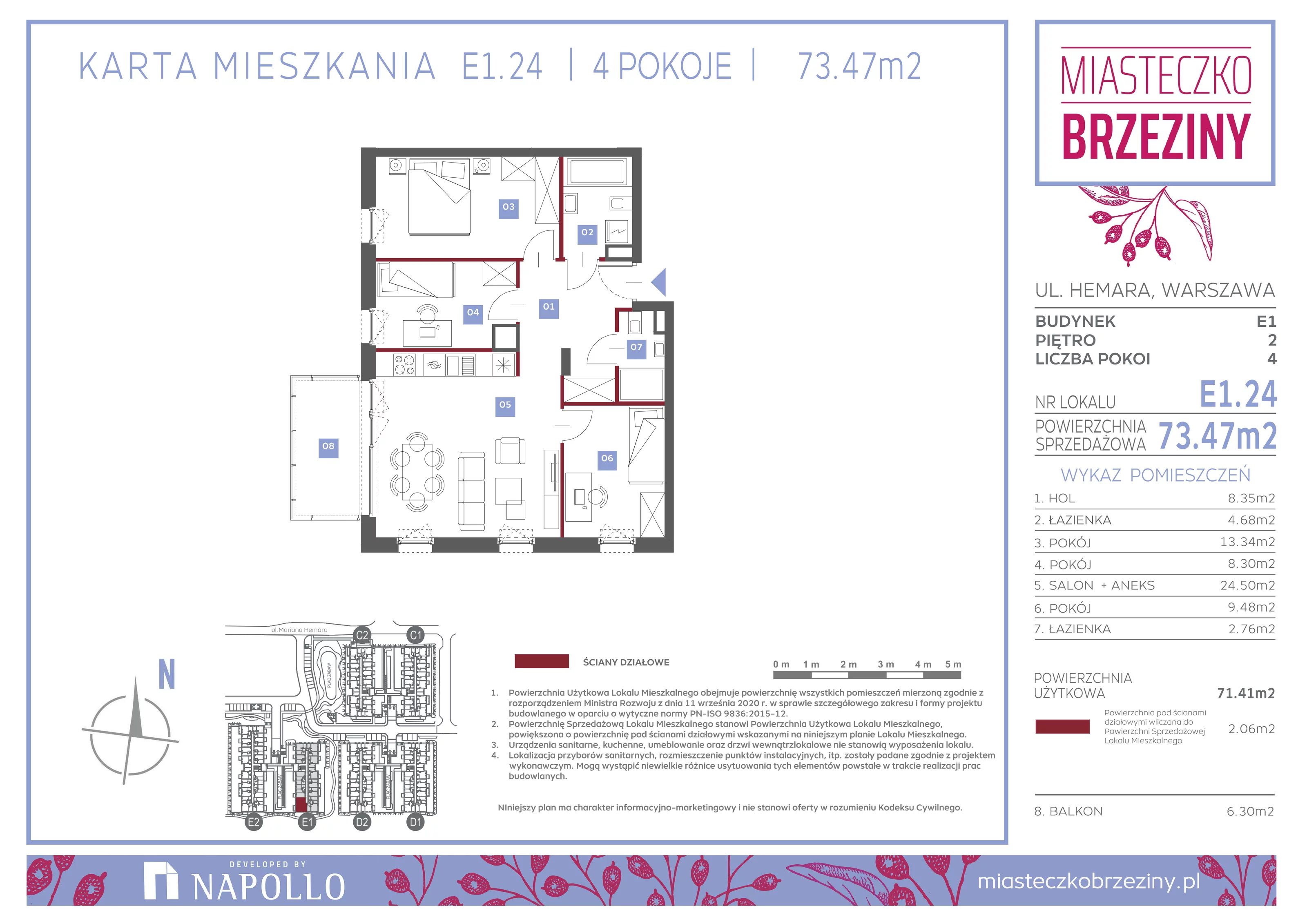 4 pokoje, mieszkanie 73,47 m², piętro 2, oferta nr E1.24, Miasteczko Brzeziny II, Warszawa, Białołęka, Brzeziny, ul. Hemara