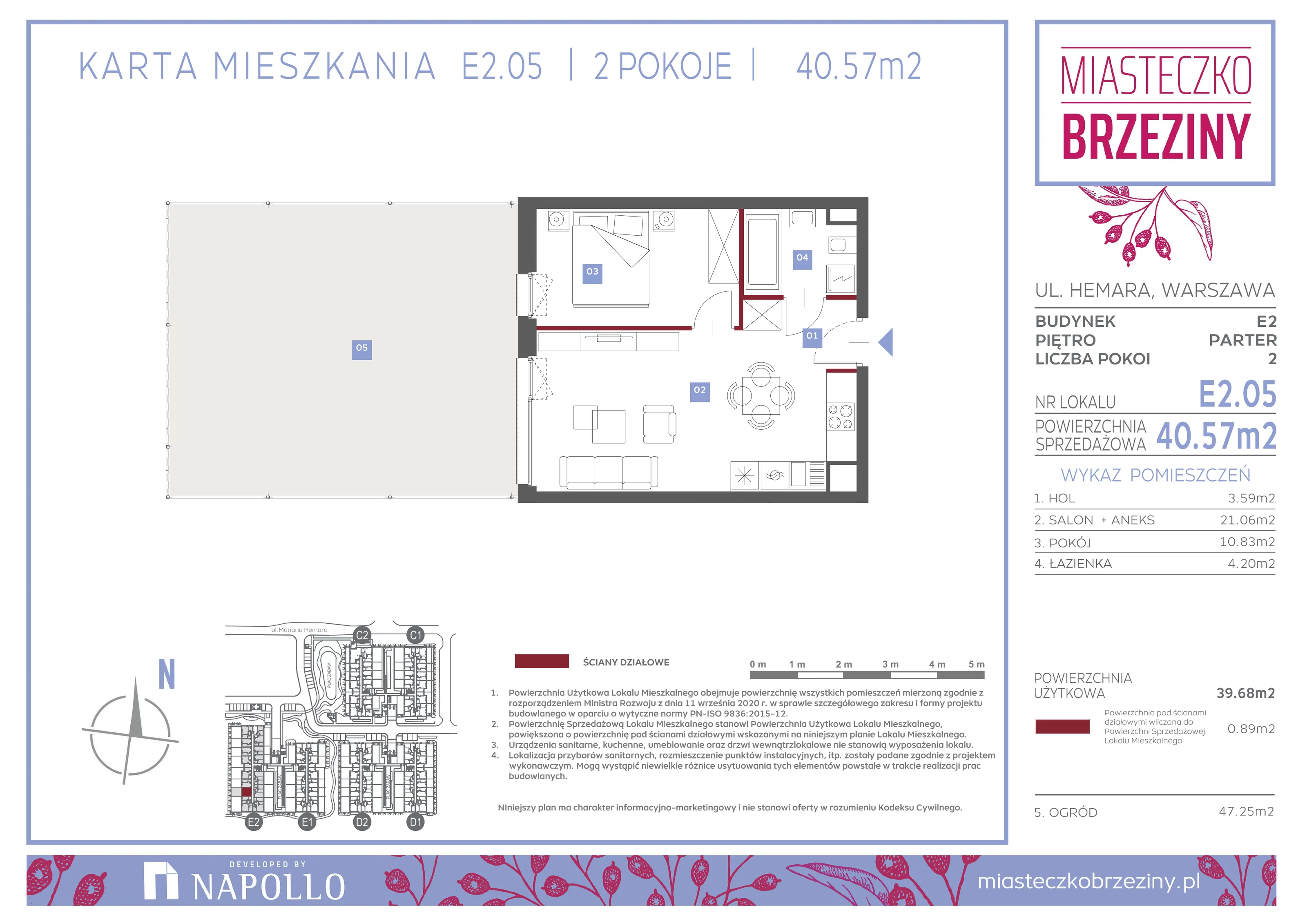 2 pokoje, mieszkanie 40,57 m², parter, oferta nr E2.05, Miasteczko Brzeziny II, Warszawa, Białołęka, Brzeziny, ul. Hemara