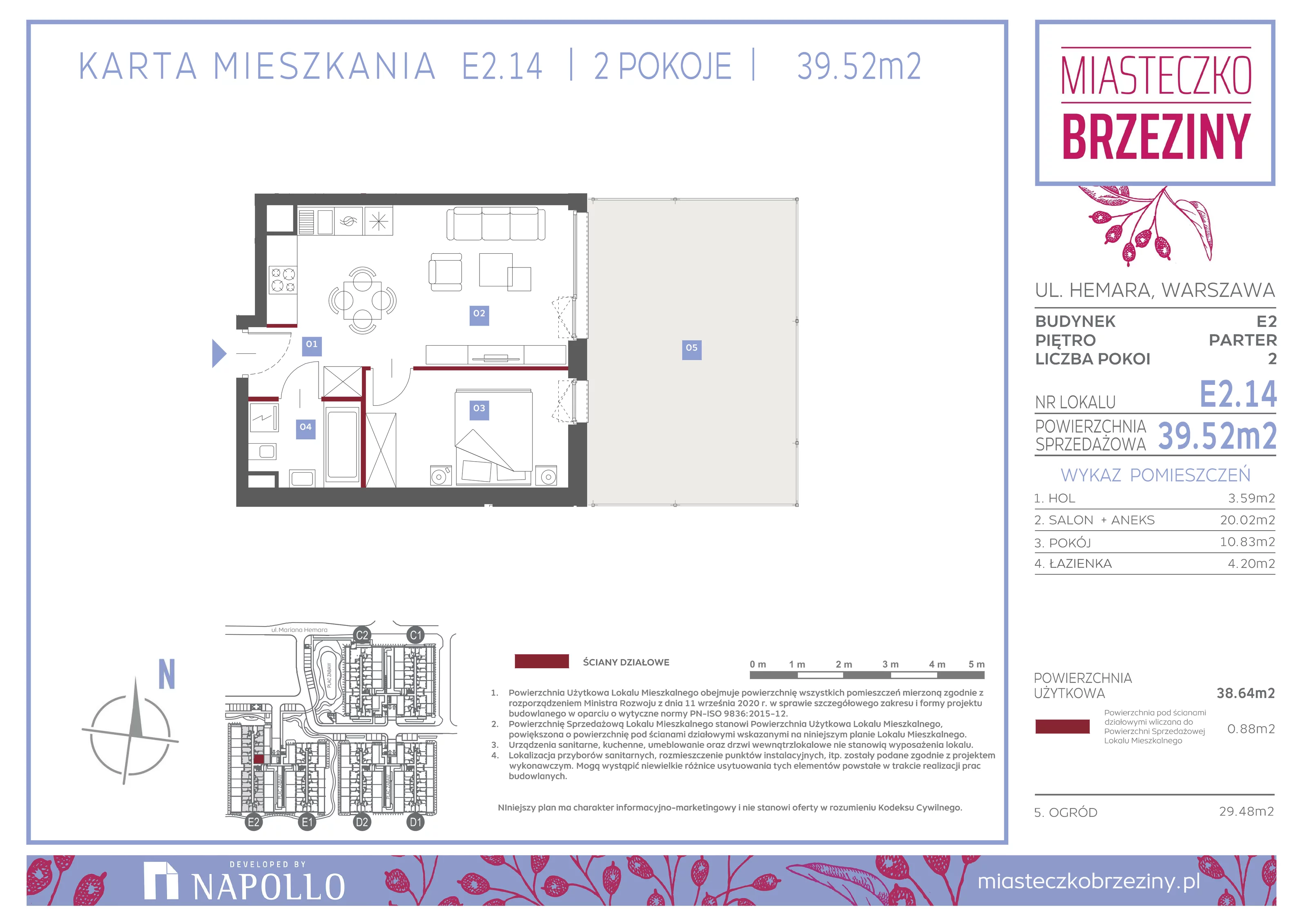 Mieszkanie 39,52 m², parter, oferta nr E2.14, Miasteczko Brzeziny II, Warszawa, Białołęka, Brzeziny, ul. Hemara