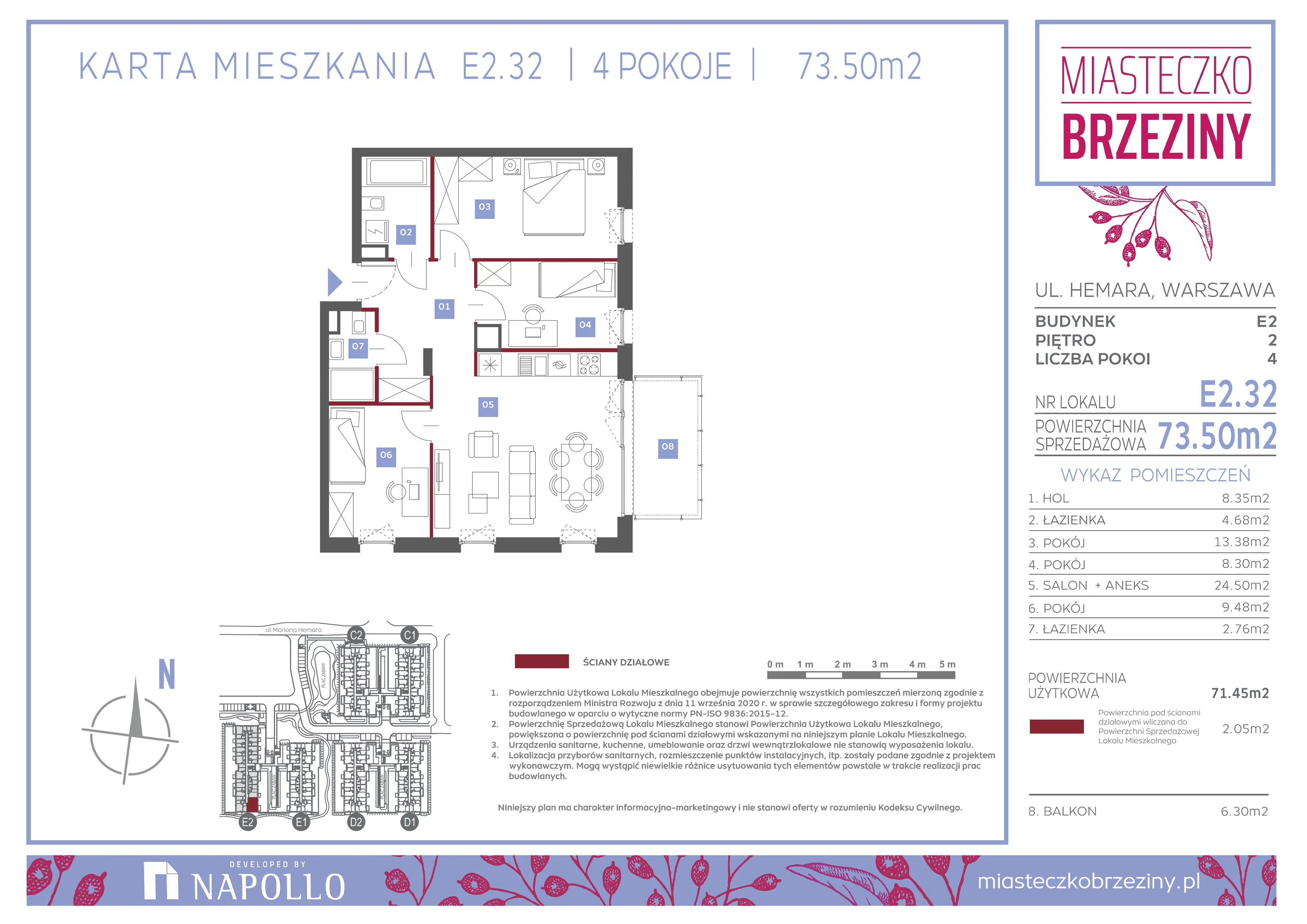 4 pokoje, mieszkanie 73,50 m², piętro 2, oferta nr E2.32, Miasteczko Brzeziny II, Warszawa, Białołęka, Brzeziny, ul. Hemara