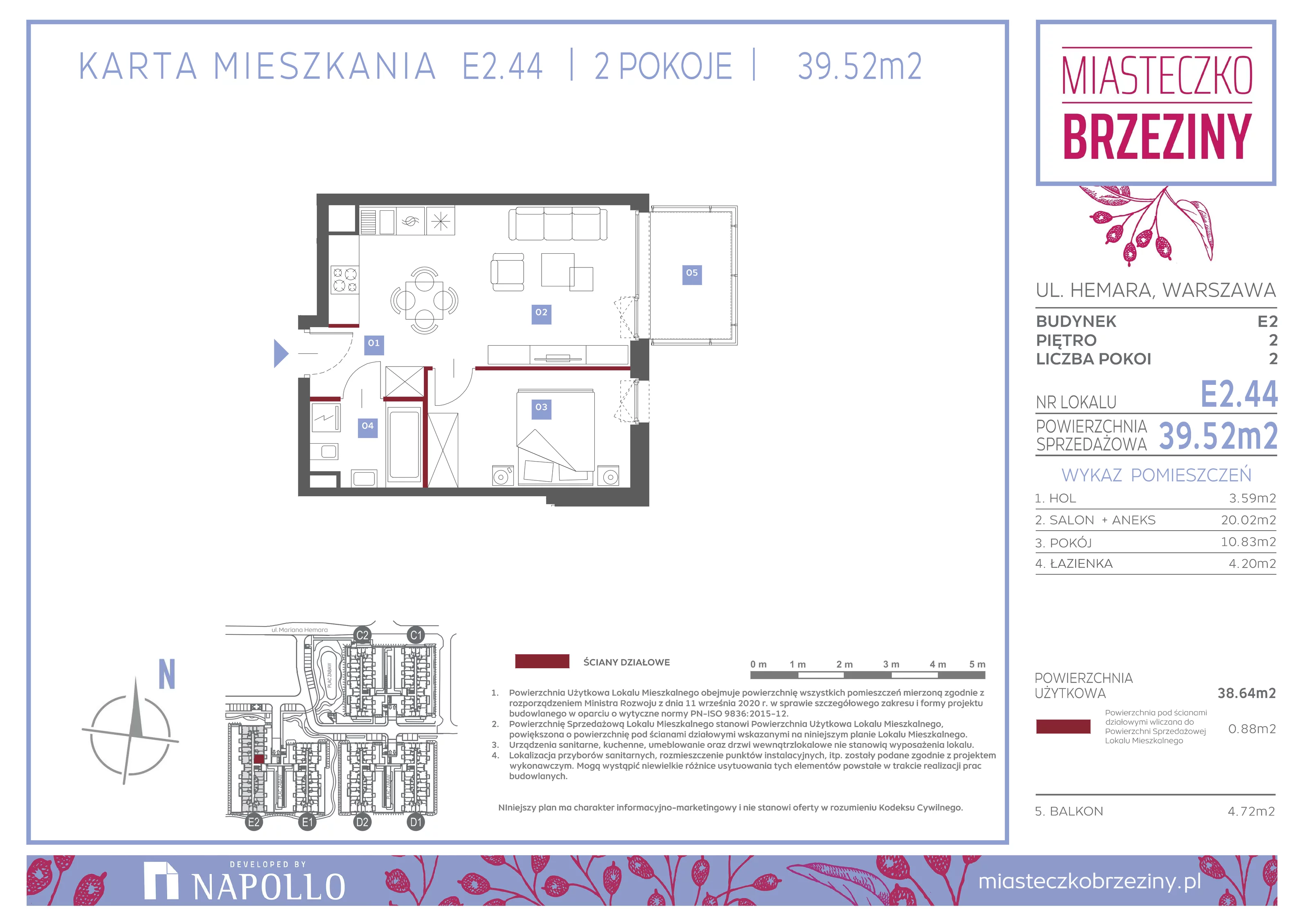 Mieszkanie 39,52 m², piętro 2, oferta nr E2.44, Miasteczko Brzeziny II, Warszawa, Białołęka, Brzeziny, ul. Hemara