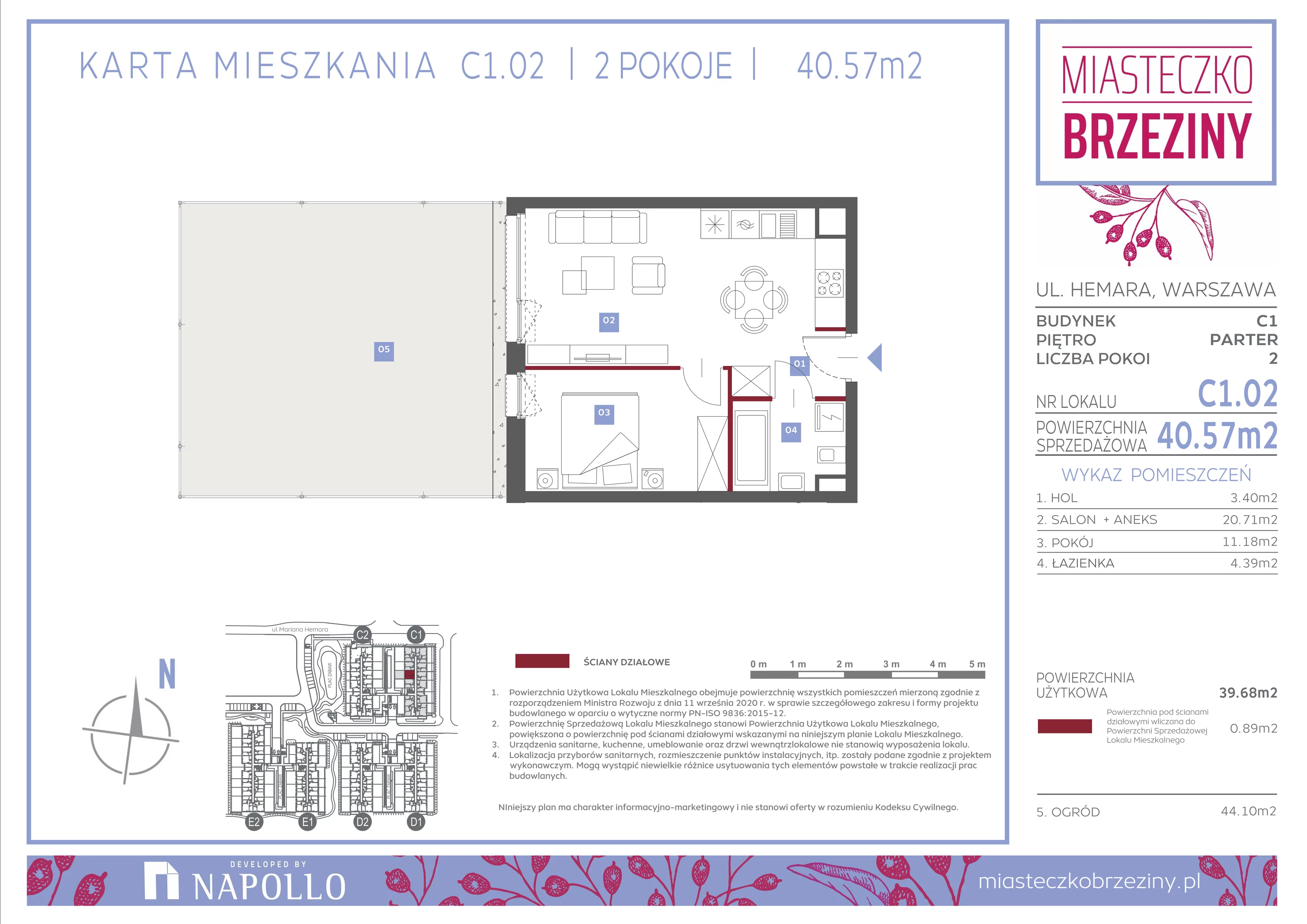 2 pokoje, mieszkanie 40,57 m², parter, oferta nr C1.02, Miasteczko Brzeziny II, Warszawa, Białołęka, Brzeziny, ul. Hemara