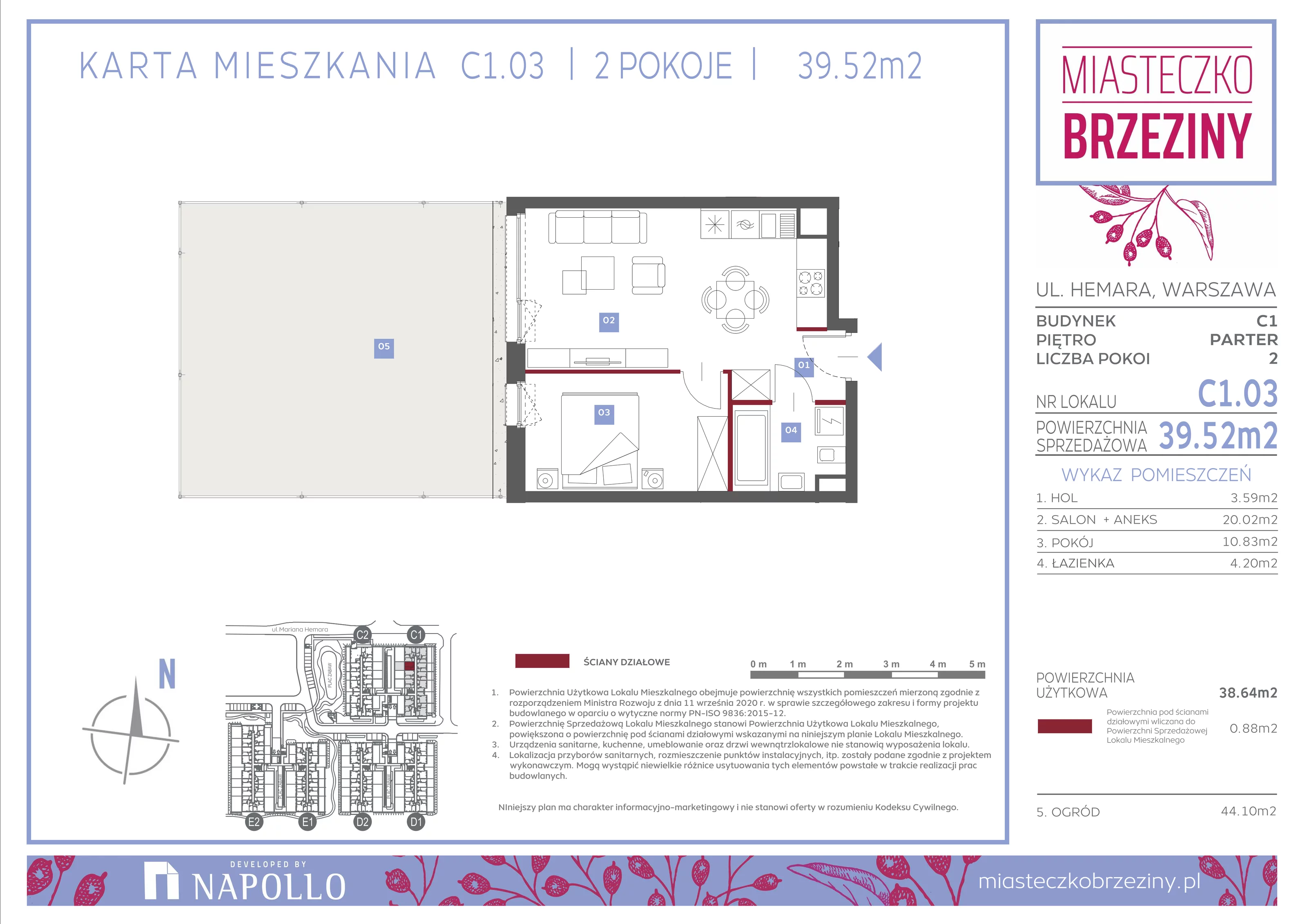 2 pokoje, mieszkanie 39,52 m², parter, oferta nr C1.03, Miasteczko Brzeziny II, Warszawa, Białołęka, Brzeziny, ul. Hemara