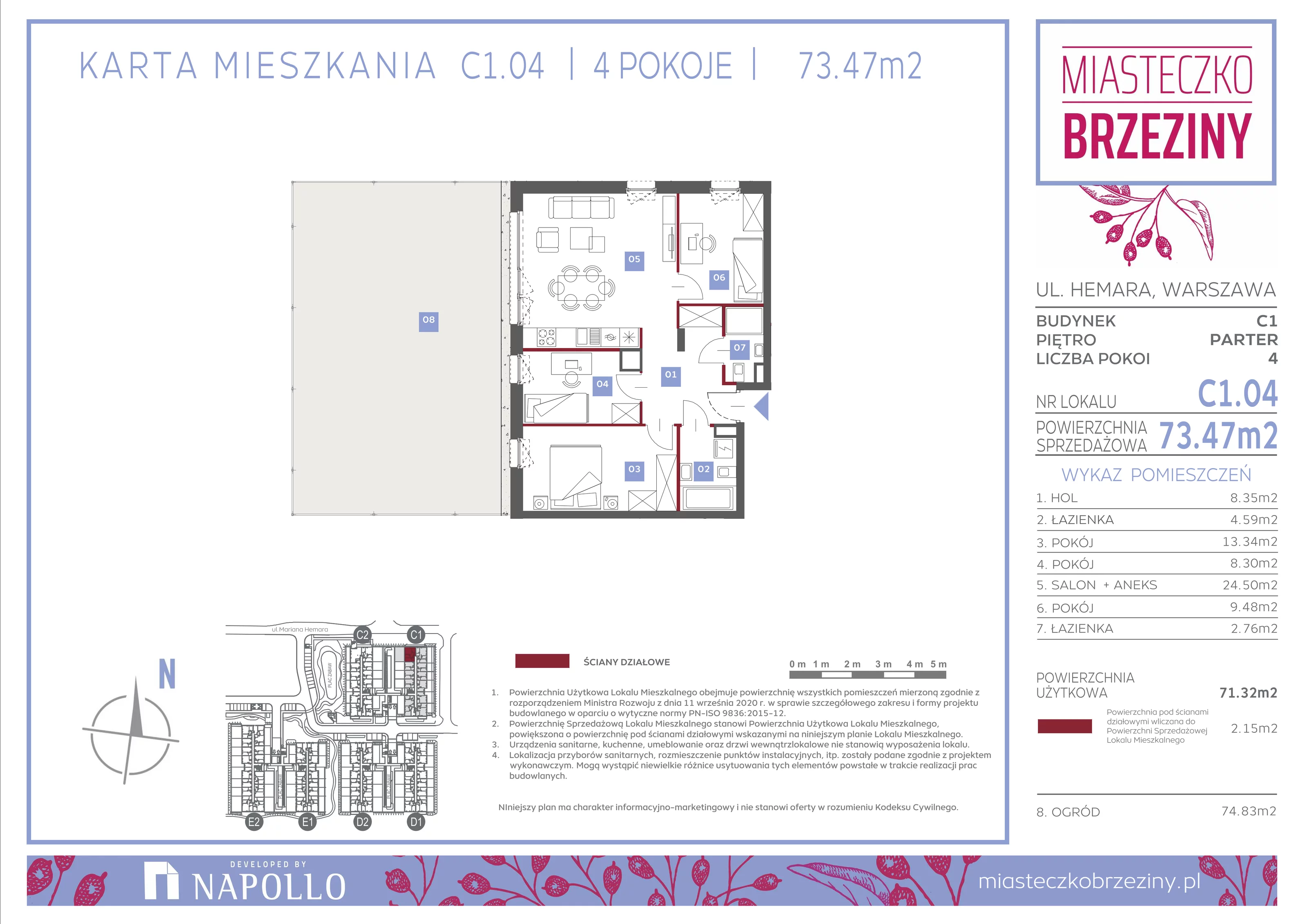 4 pokoje, mieszkanie 73,47 m², parter, oferta nr C1.04, Miasteczko Brzeziny II, Warszawa, Białołęka, Brzeziny, ul. Hemara
