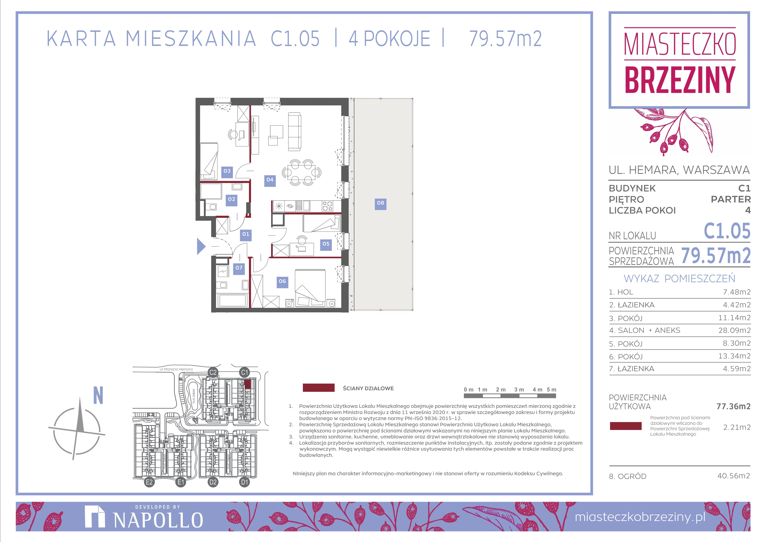 4 pokoje, mieszkanie 79,57 m², parter, oferta nr C1.05, Miasteczko Brzeziny II, Warszawa, Białołęka, Brzeziny, ul. Hemara