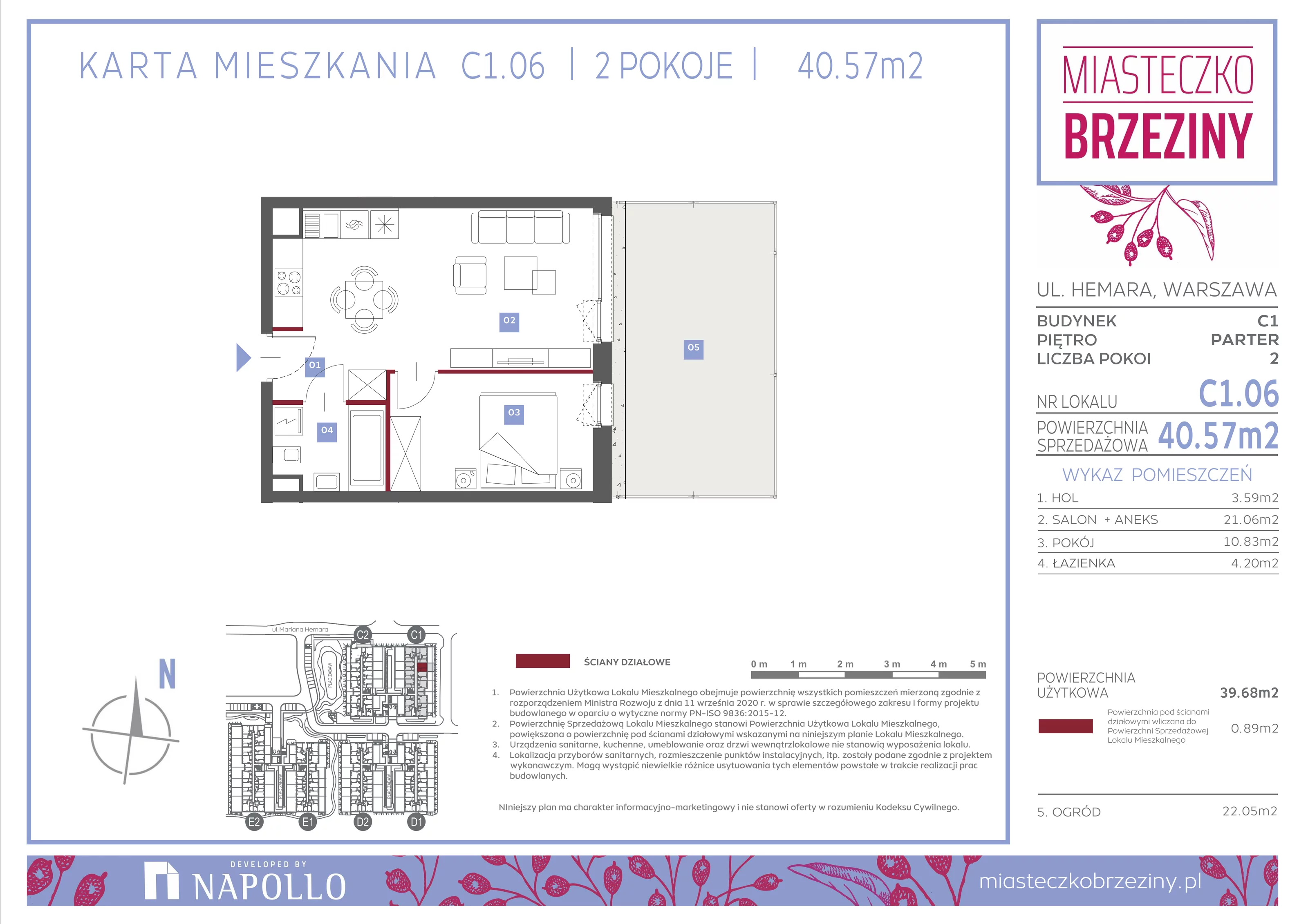 2 pokoje, mieszkanie 40,57 m², parter, oferta nr C1.06, Miasteczko Brzeziny II, Warszawa, Białołęka, Brzeziny, ul. Hemara