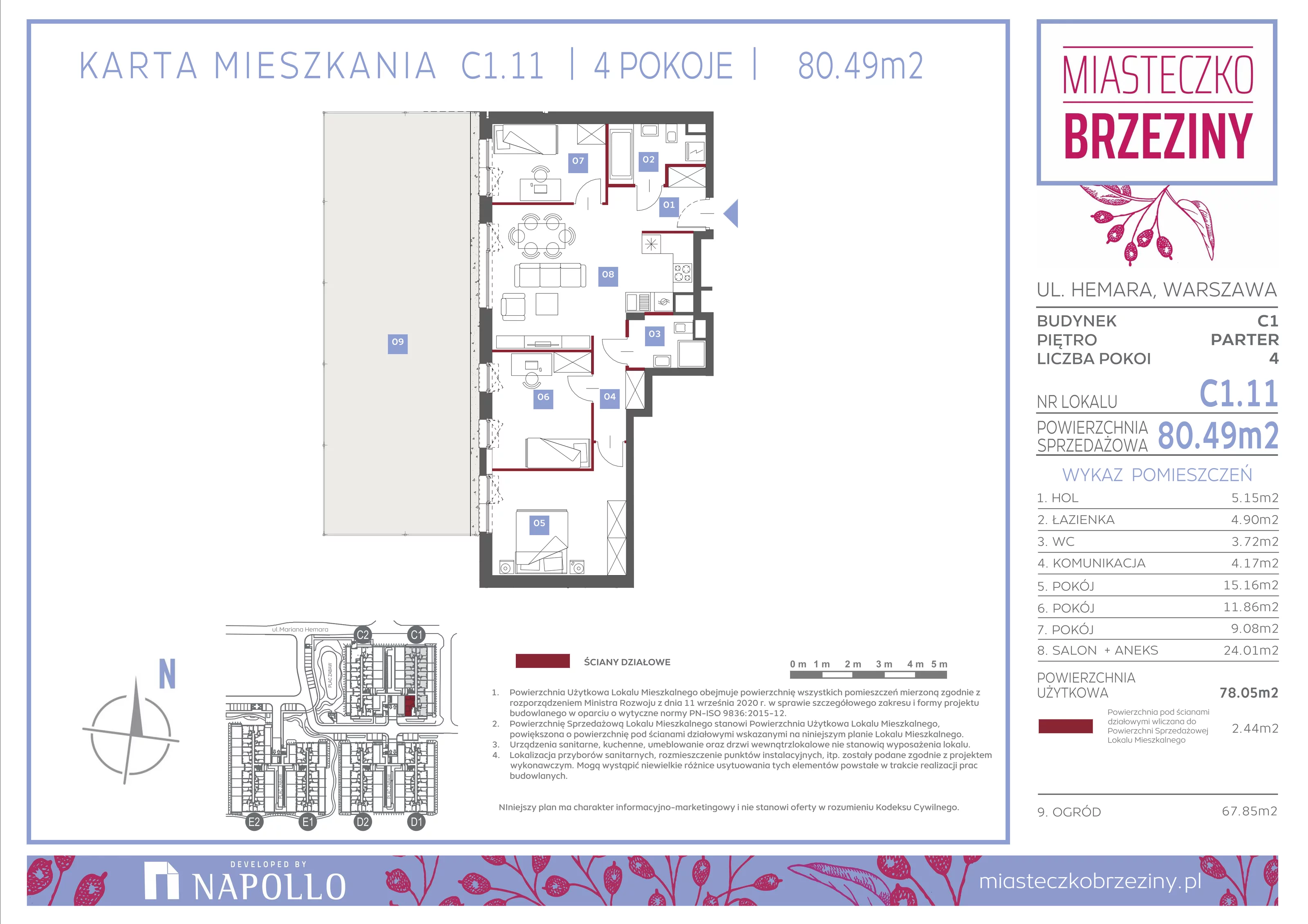 4 pokoje, mieszkanie 80,49 m², parter, oferta nr C1.11, Miasteczko Brzeziny II, Warszawa, Białołęka, Brzeziny, ul. Hemara