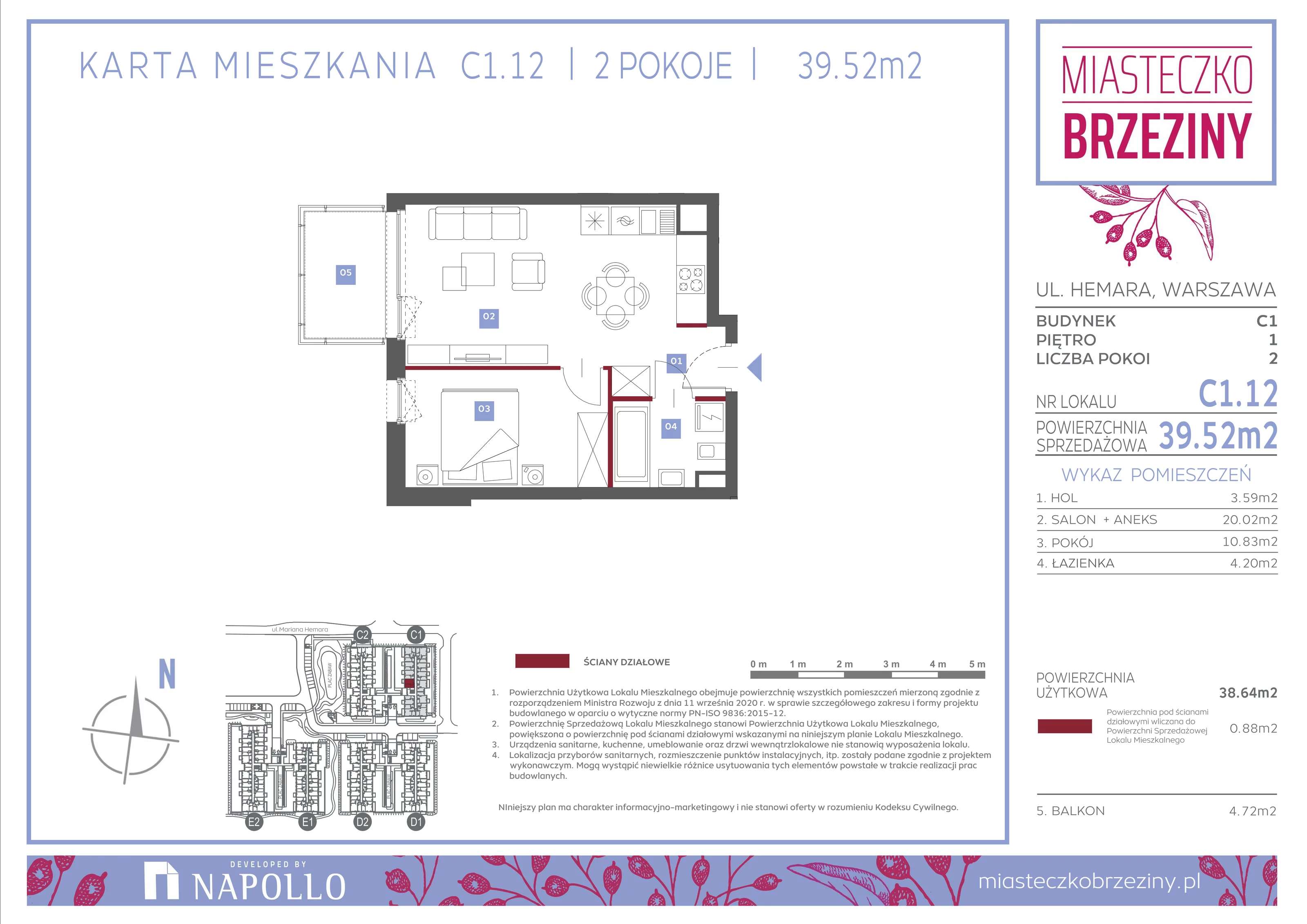 2 pokoje, mieszkanie 39,52 m², piętro 1, oferta nr C1.12, Miasteczko Brzeziny II, Warszawa, Białołęka, Brzeziny, ul. Hemara