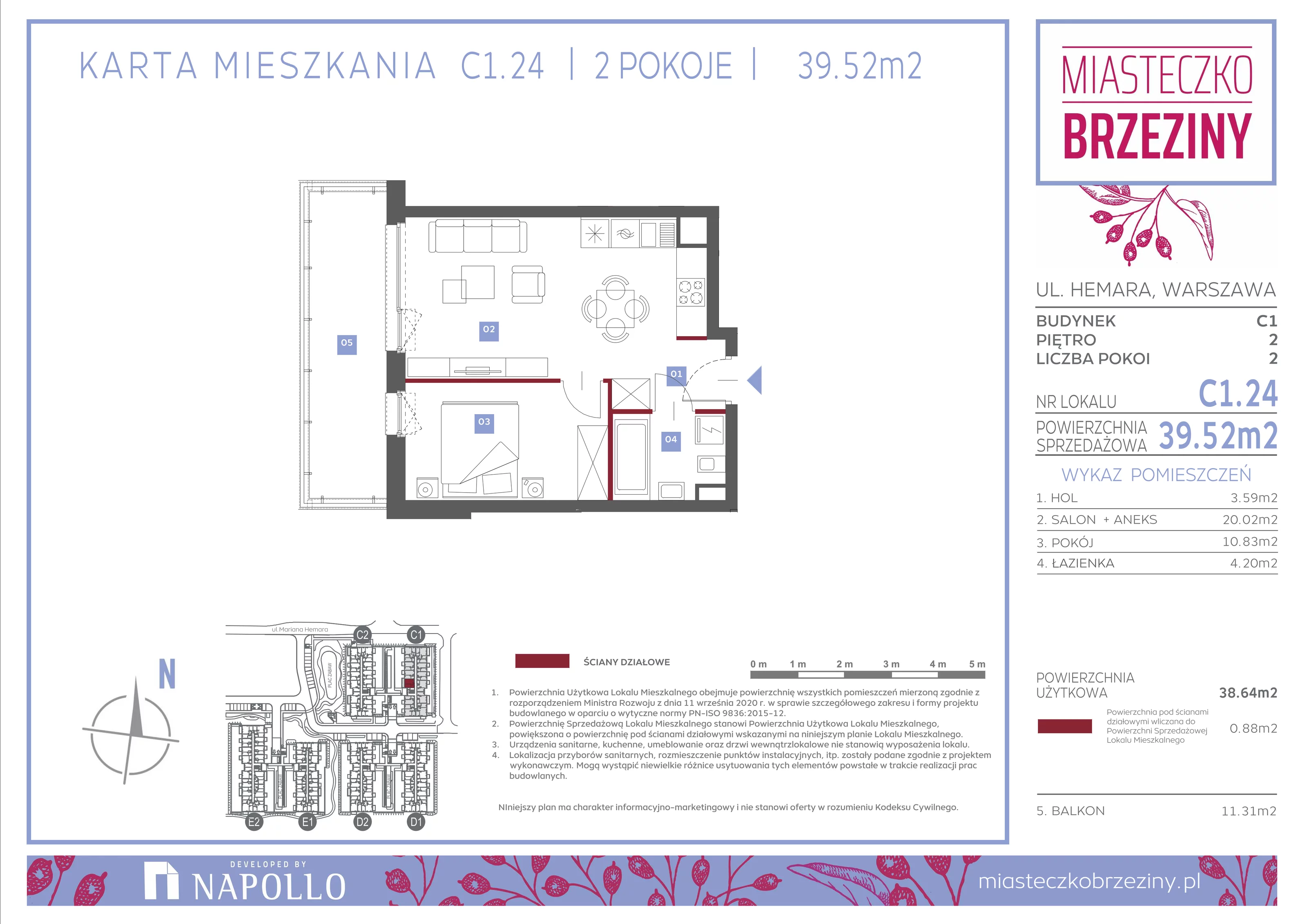 2 pokoje, mieszkanie 39,52 m², piętro 2, oferta nr C1.24, Miasteczko Brzeziny II, Warszawa, Białołęka, Brzeziny, ul. Hemara