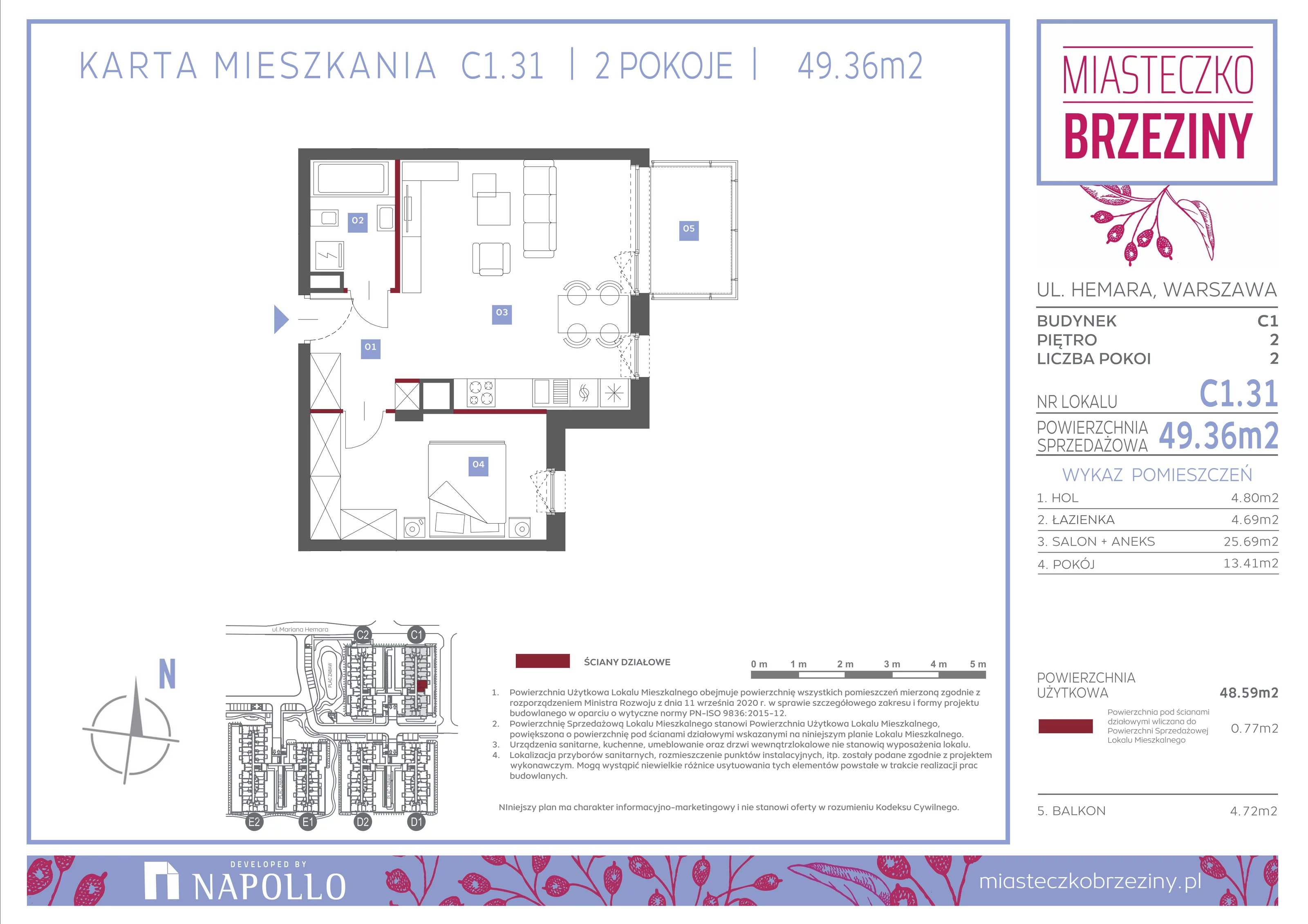 2 pokoje, mieszkanie 49,36 m², piętro 2, oferta nr C1.31, Miasteczko Brzeziny II, Warszawa, Białołęka, Brzeziny, ul. Hemara