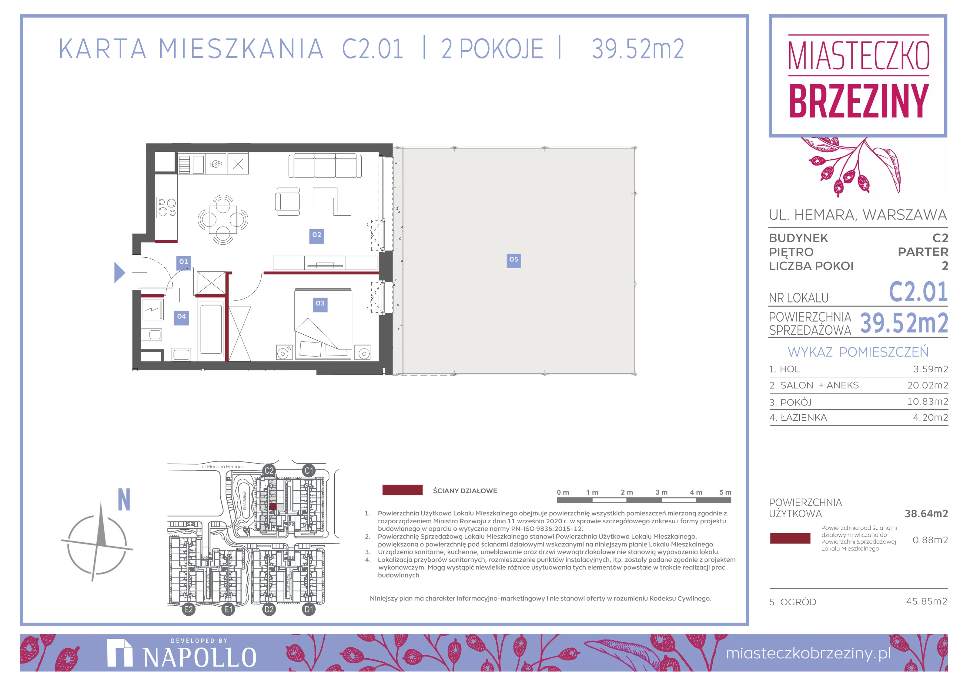 2 pokoje, mieszkanie 39,52 m², parter, oferta nr C2.01, Miasteczko Brzeziny II, Warszawa, Białołęka, Brzeziny, ul. Hemara