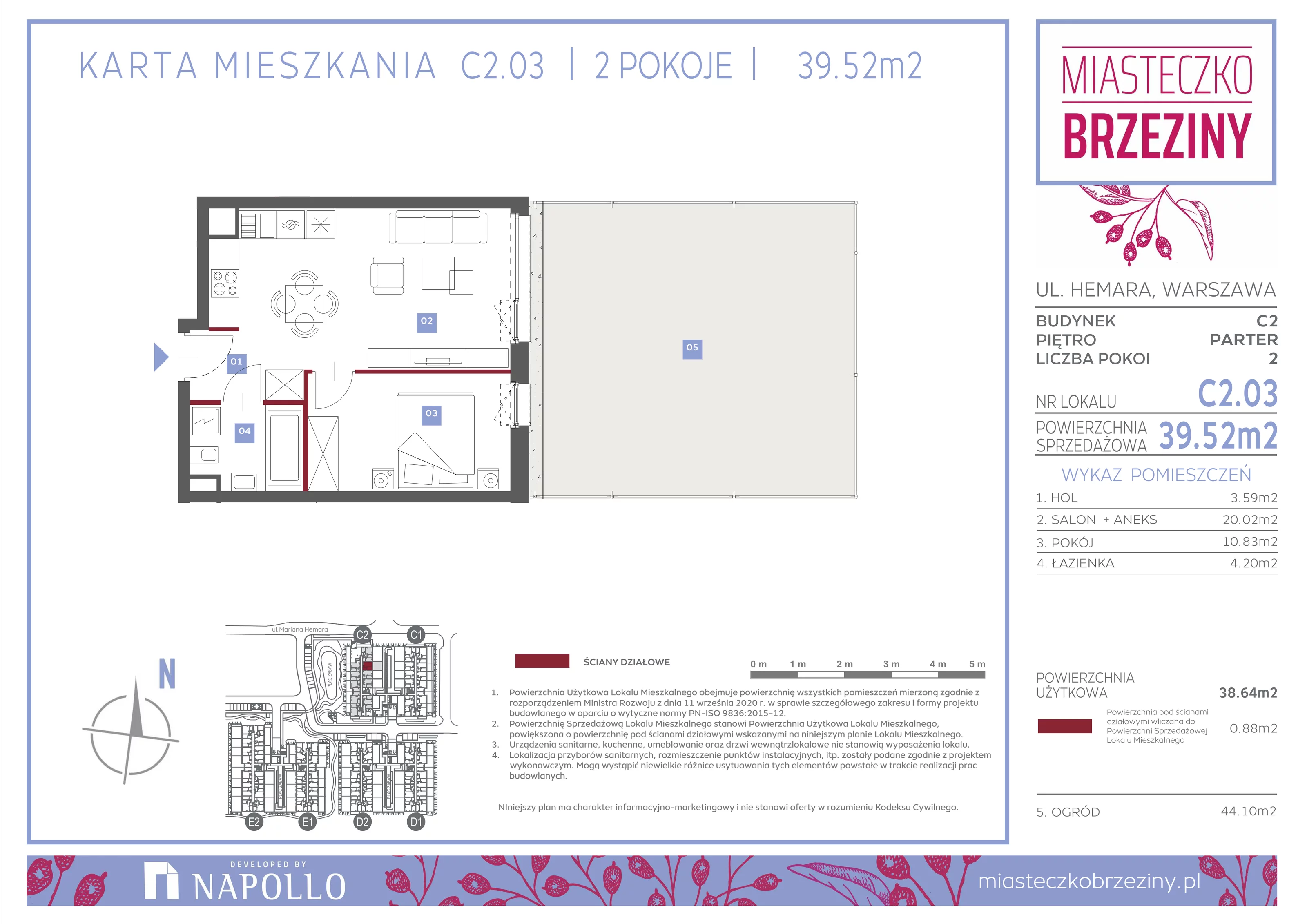 2 pokoje, mieszkanie 39,52 m², parter, oferta nr C2.03, Miasteczko Brzeziny II, Warszawa, Białołęka, Brzeziny, ul. Hemara