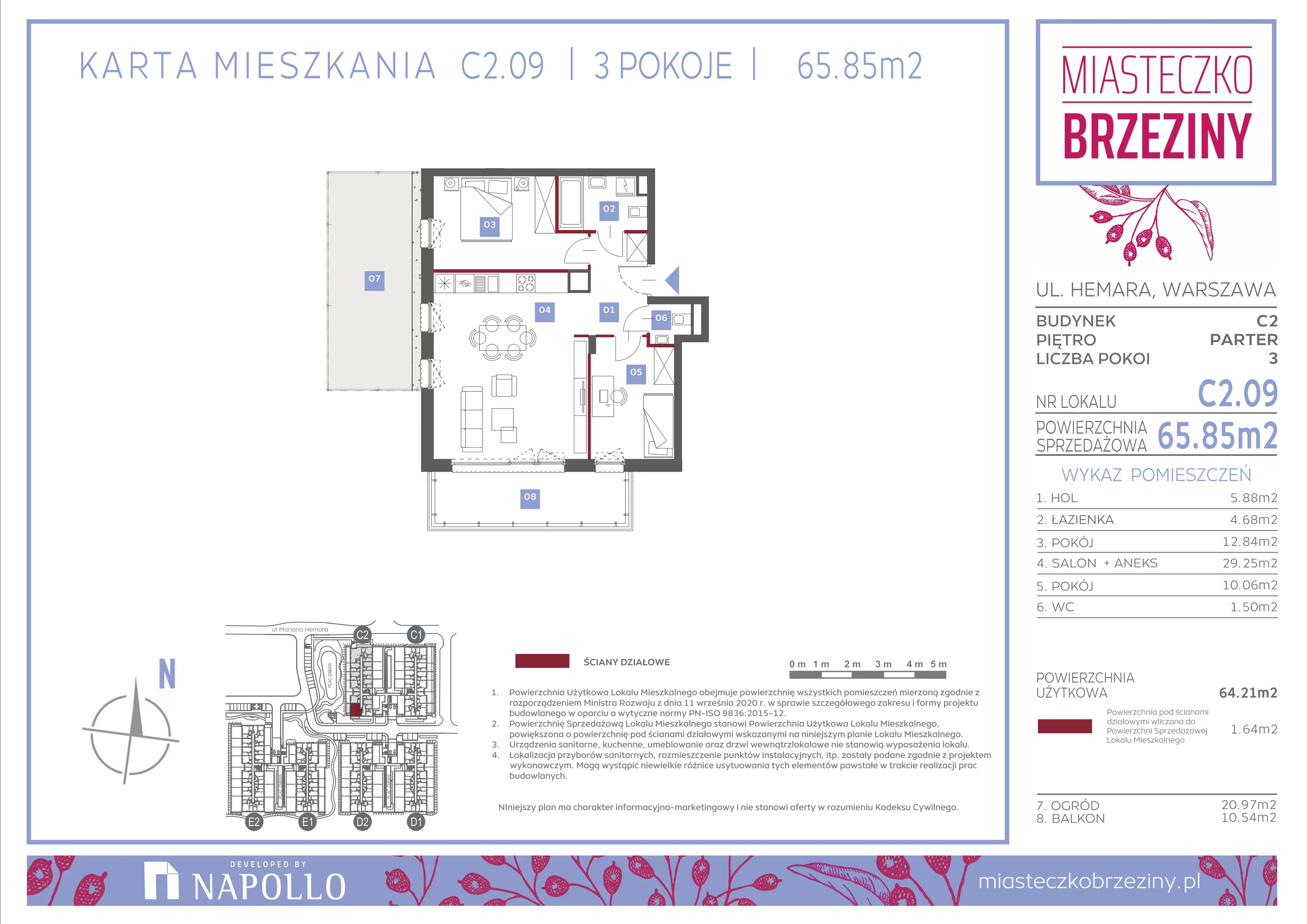 3 pokoje, mieszkanie 65,85 m², parter, oferta nr C2.09, Miasteczko Brzeziny II, Warszawa, Białołęka, Brzeziny, ul. Hemara