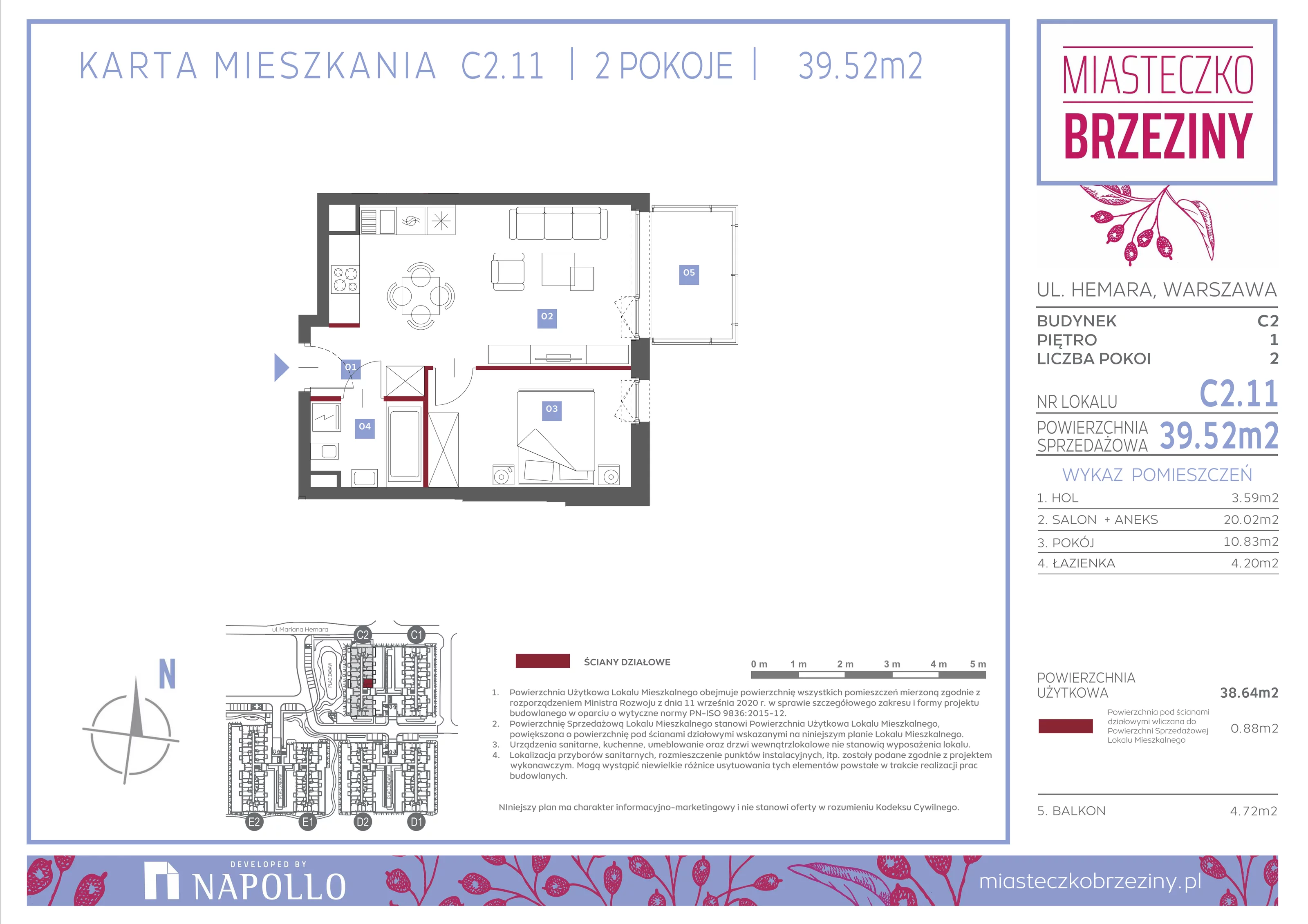 2 pokoje, mieszkanie 39,52 m², piętro 1, oferta nr C2.11, Miasteczko Brzeziny II, Warszawa, Białołęka, Brzeziny, ul. Hemara