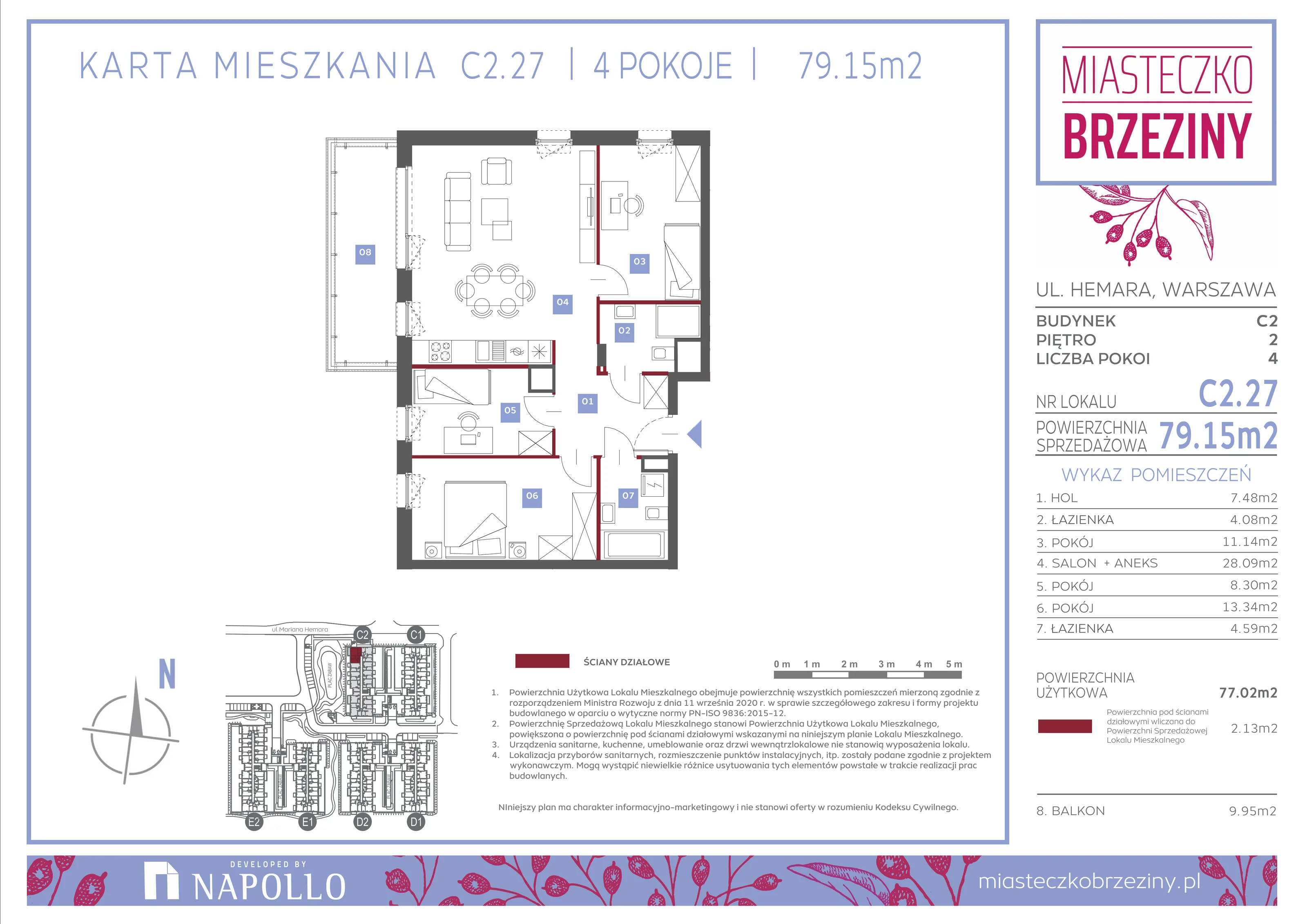 4 pokoje, mieszkanie 79,15 m², piętro 2, oferta nr C2.27, Miasteczko Brzeziny II, Warszawa, Białołęka, Brzeziny, ul. Hemara