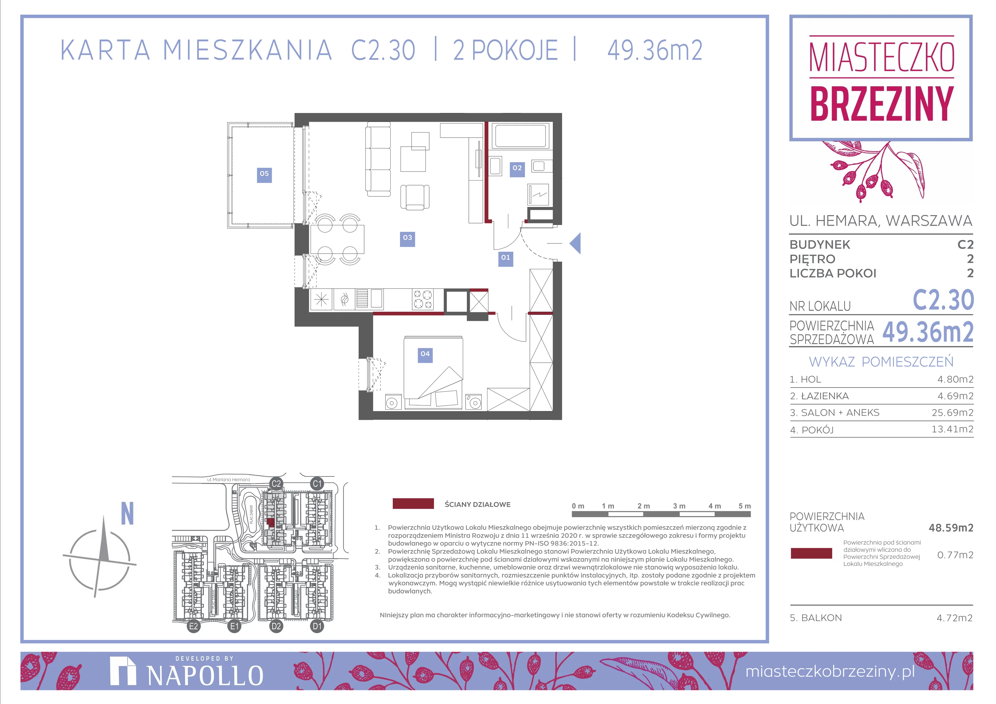 2 pokoje, mieszkanie 49,36 m², piętro 2, oferta nr C2.30, Miasteczko Brzeziny II, Warszawa, Białołęka, Brzeziny, ul. Hemara