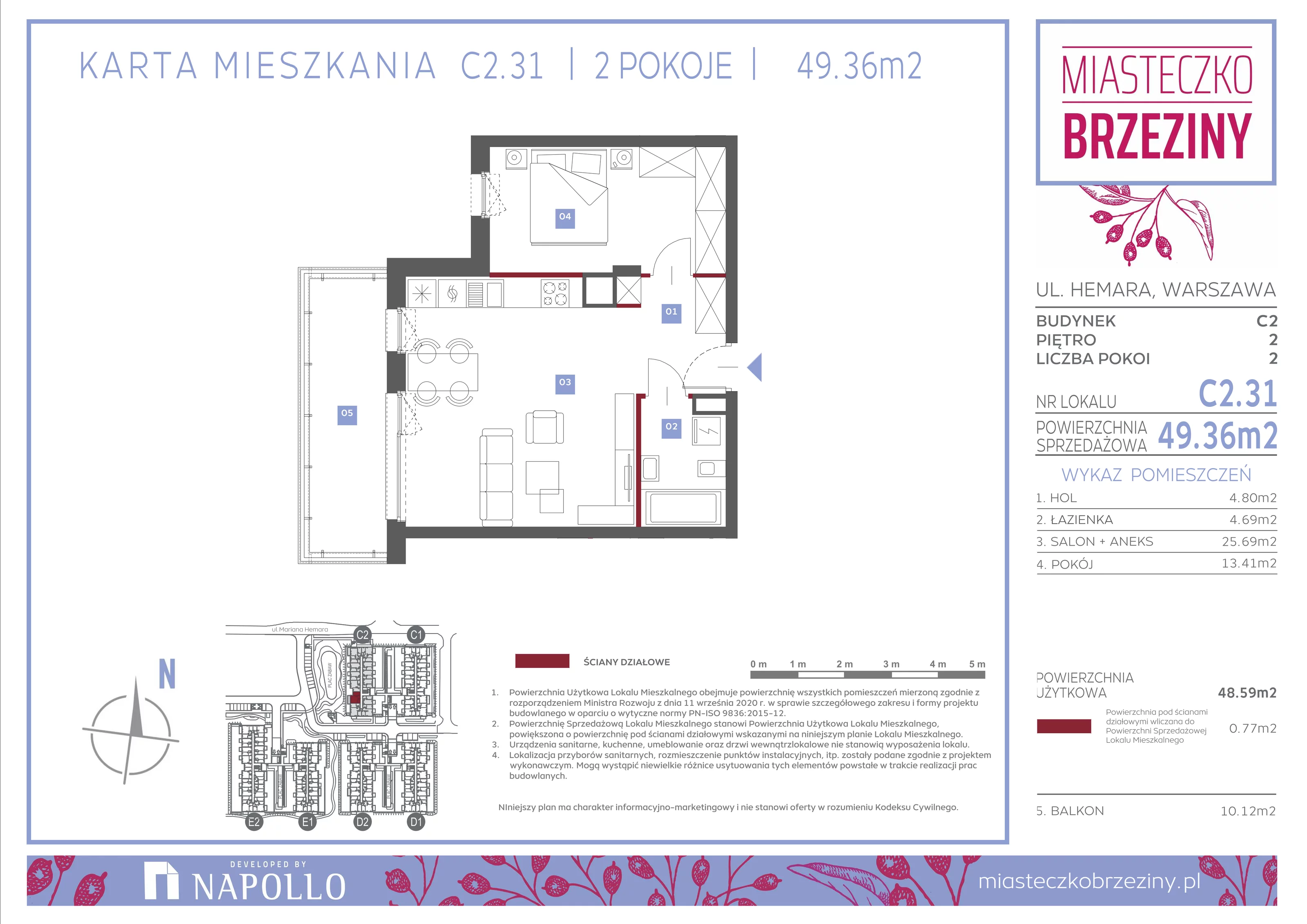 2 pokoje, mieszkanie 49,36 m², piętro 2, oferta nr C2.31, Miasteczko Brzeziny II, Warszawa, Białołęka, Brzeziny, ul. Hemara