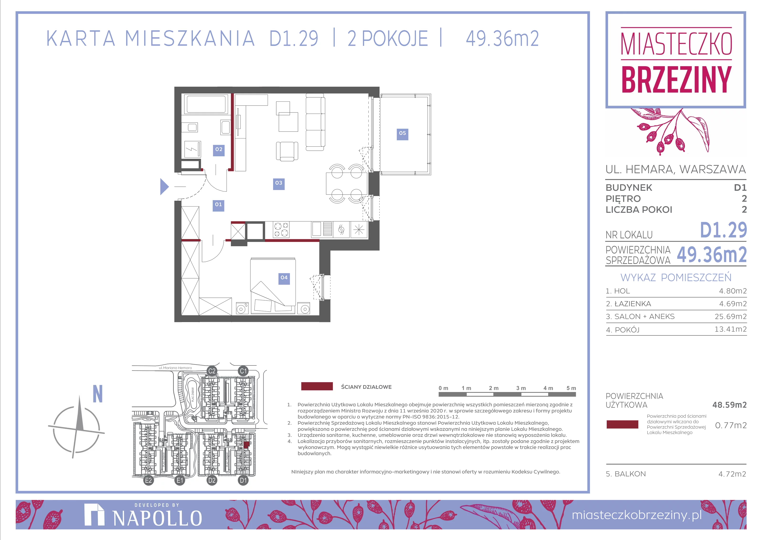 2 pokoje, mieszkanie 49,36 m², piętro 2, oferta nr D1.29, Miasteczko Brzeziny II, Warszawa, Białołęka, Brzeziny, ul. Hemara