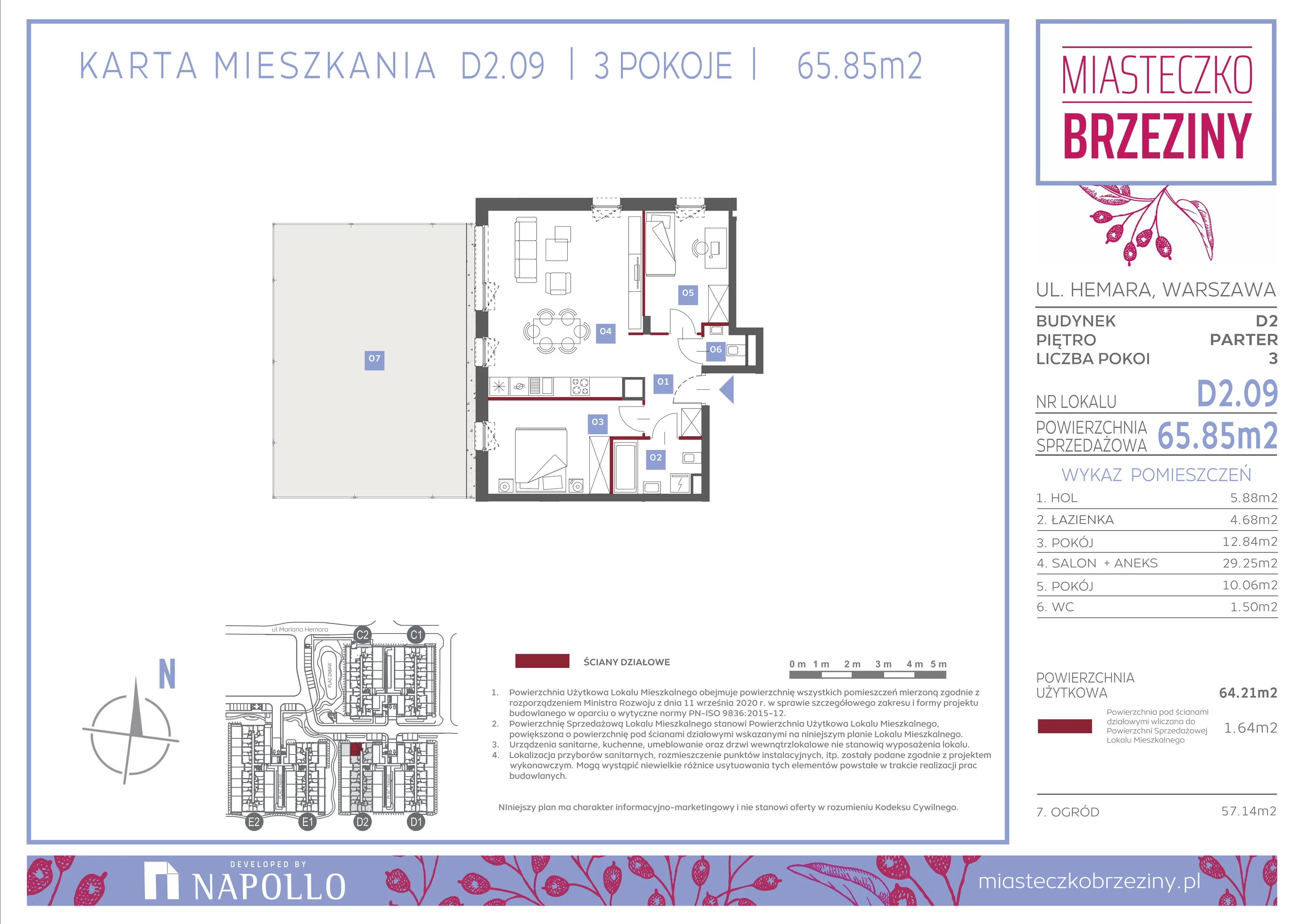 3 pokoje, mieszkanie 65,85 m², parter, oferta nr D2.09, Miasteczko Brzeziny II, Warszawa, Białołęka, Brzeziny, ul. Hemara