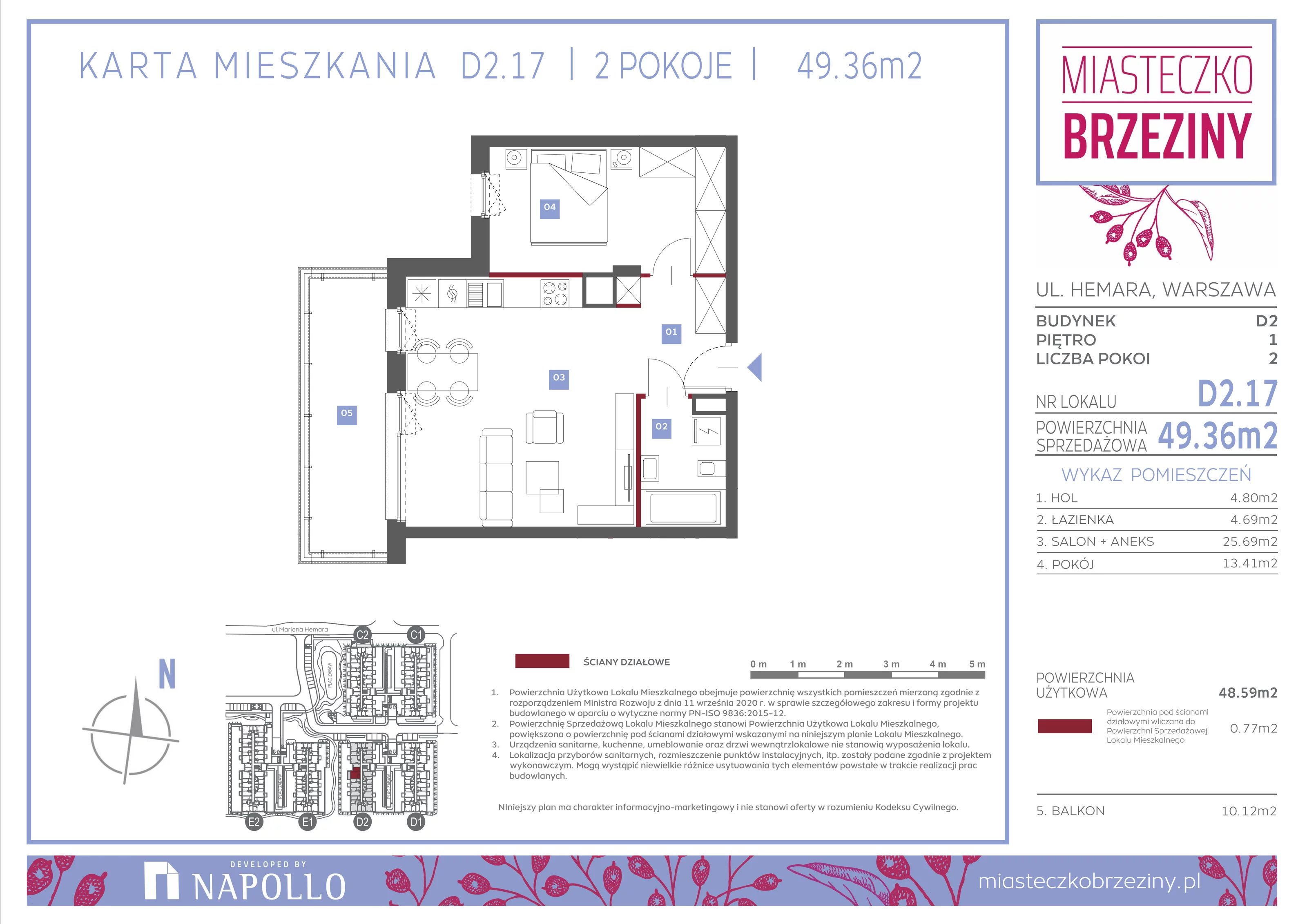 2 pokoje, mieszkanie 49,36 m², piętro 1, oferta nr D2.17, Miasteczko Brzeziny II, Warszawa, Białołęka, Brzeziny, ul. Hemara