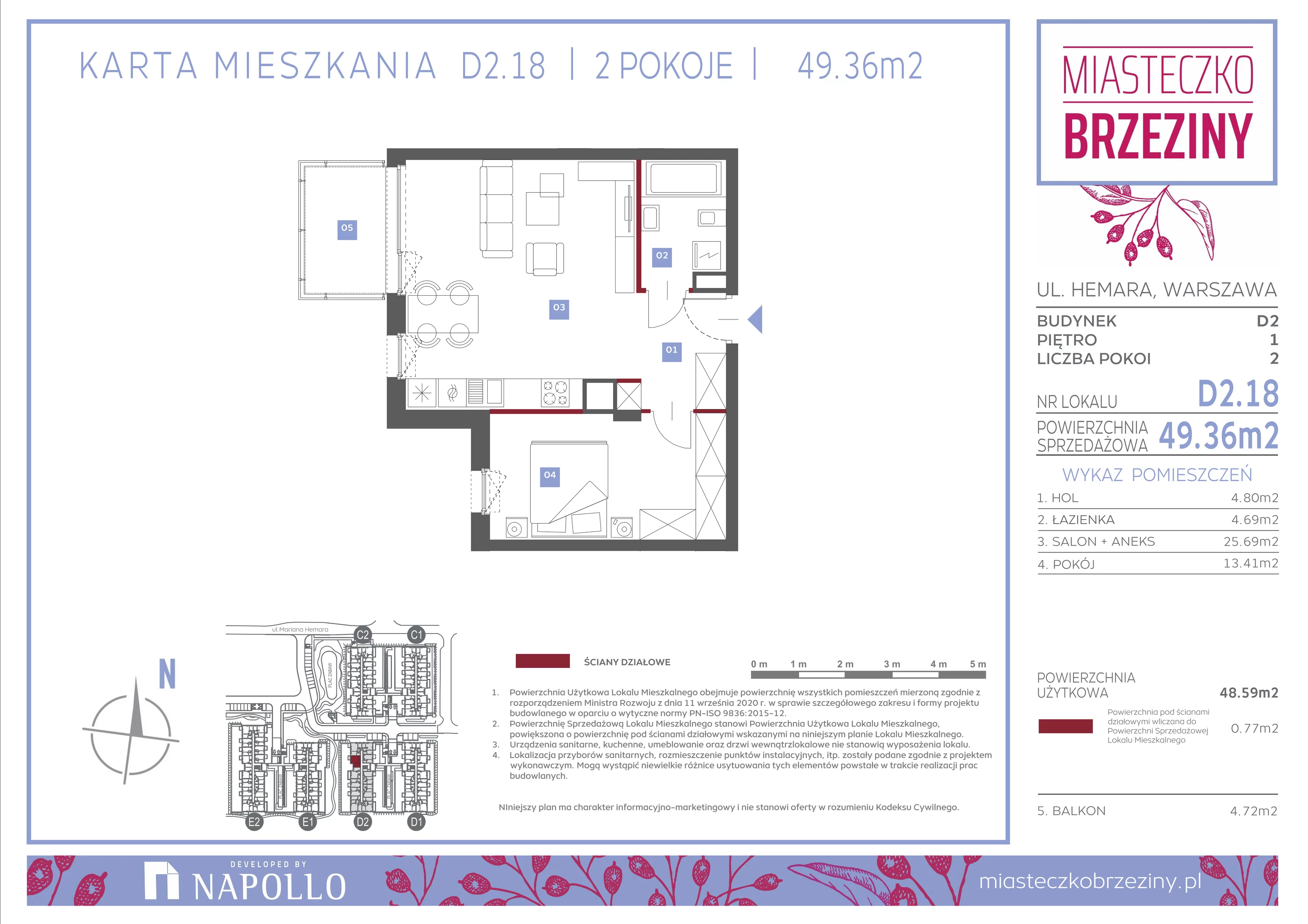 2 pokoje, mieszkanie 49,36 m², piętro 1, oferta nr D2.18, Miasteczko Brzeziny II, Warszawa, Białołęka, Brzeziny, ul. Hemara