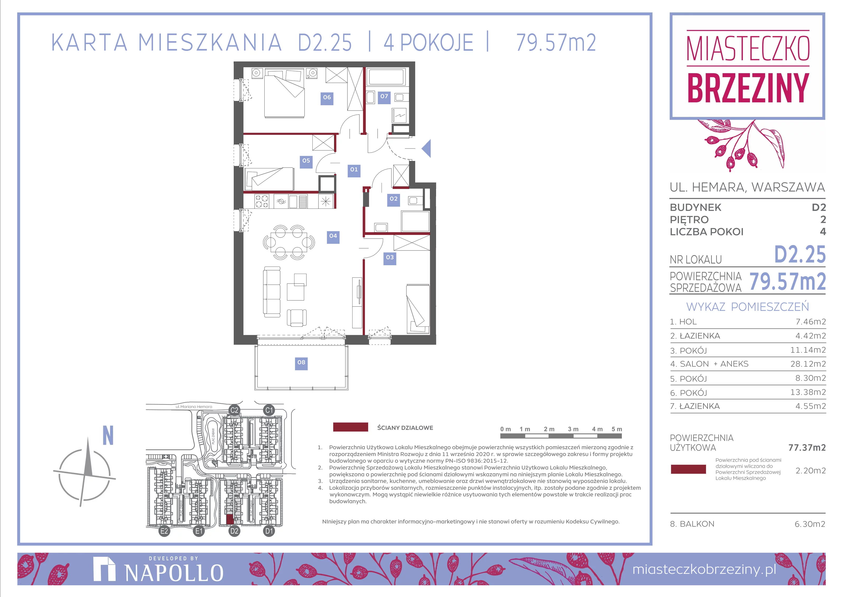 4 pokoje, mieszkanie 79,57 m², piętro 2, oferta nr D2.25, Miasteczko Brzeziny II, Warszawa, Białołęka, Brzeziny, ul. Hemara