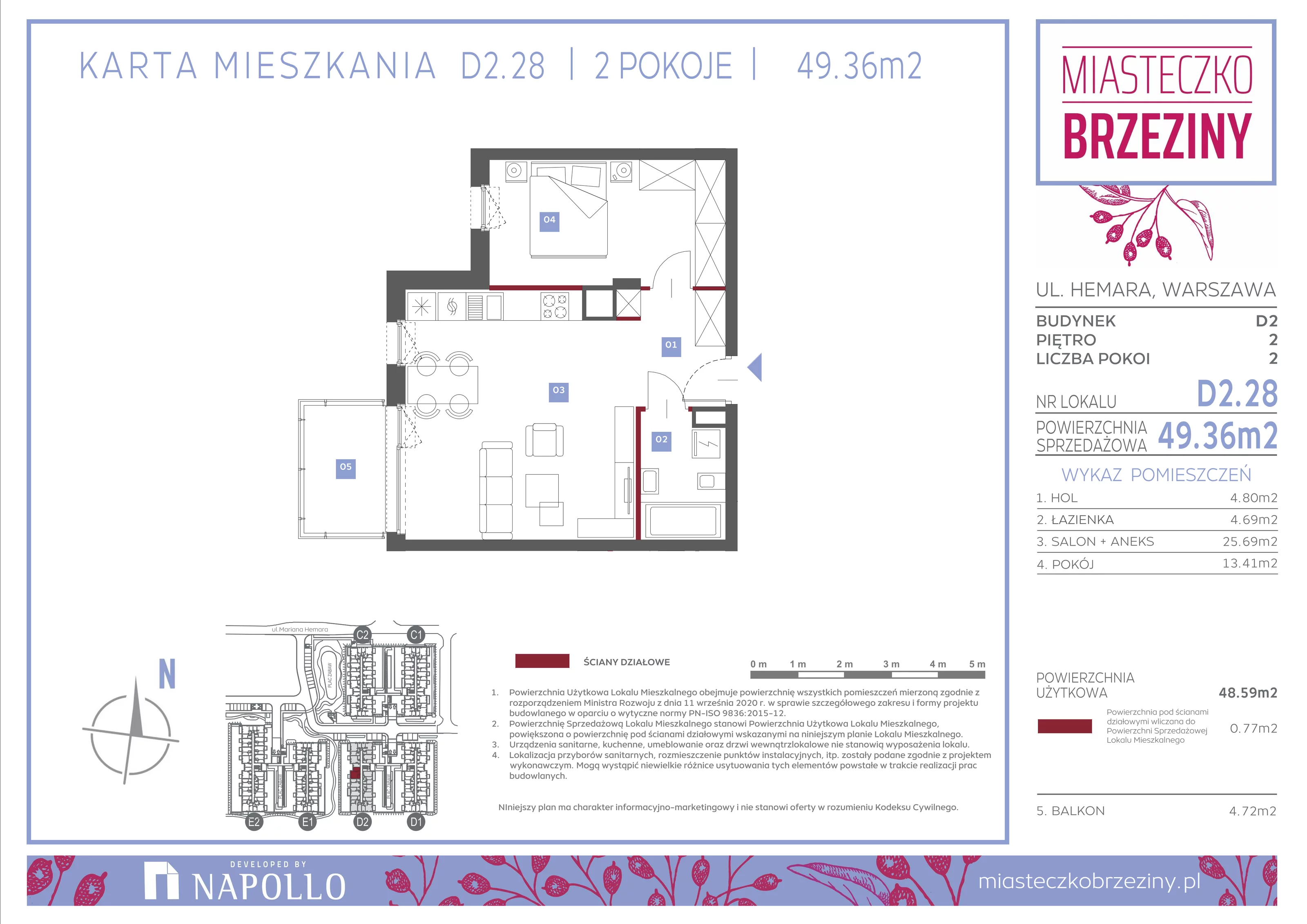 2 pokoje, mieszkanie 49,36 m², piętro 2, oferta nr D2.28, Miasteczko Brzeziny II, Warszawa, Białołęka, Brzeziny, ul. Hemara