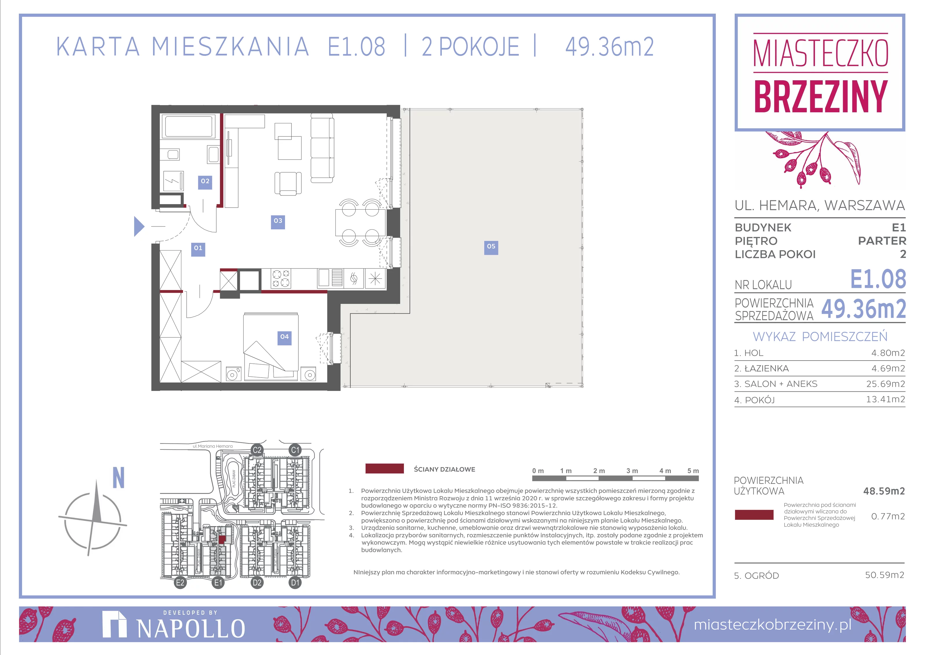 2 pokoje, mieszkanie 49,36 m², parter, oferta nr E1.08, Miasteczko Brzeziny II, Warszawa, Białołęka, Brzeziny, ul. Hemara