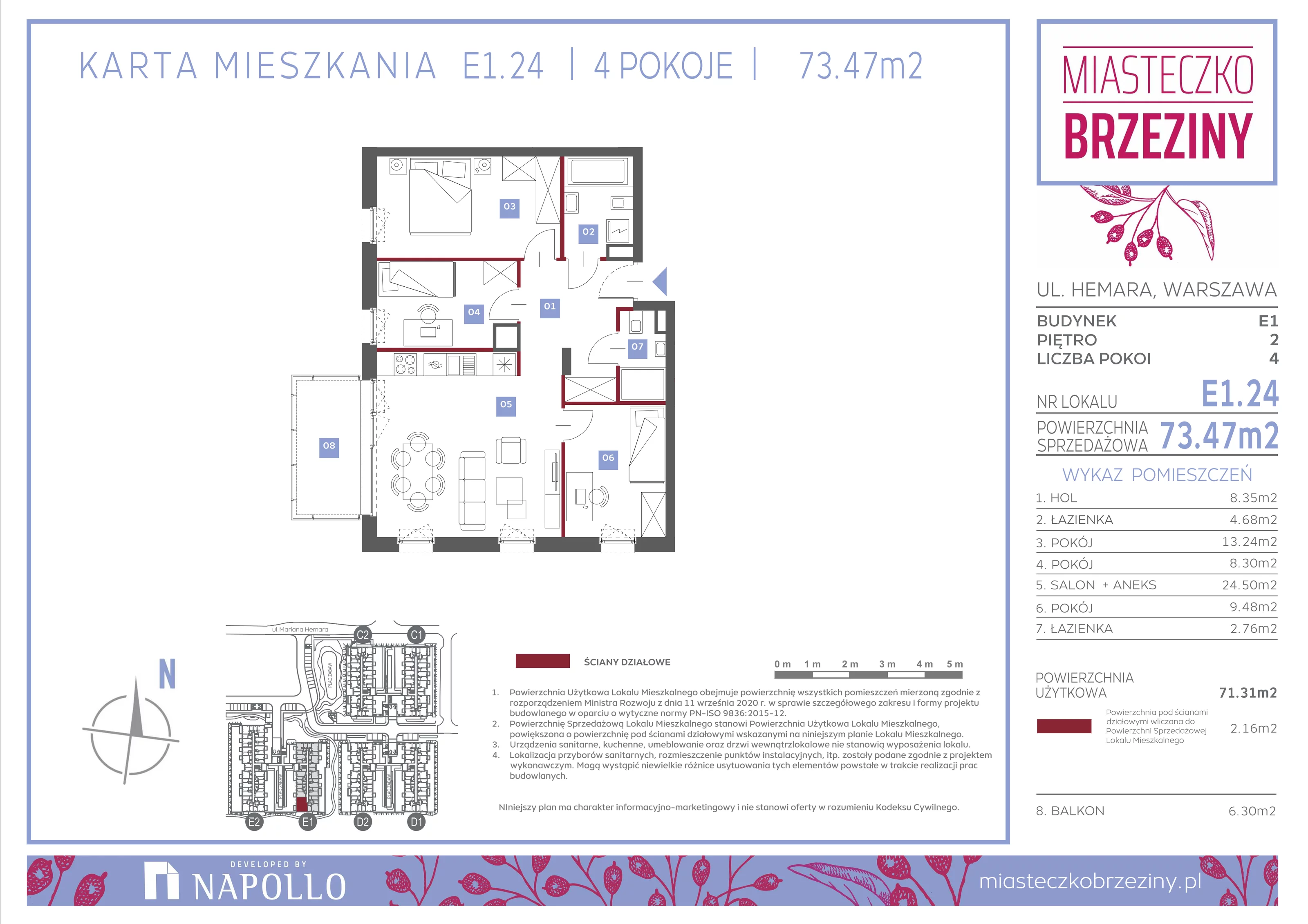 4 pokoje, mieszkanie 73,47 m², piętro 2, oferta nr E1.24, Miasteczko Brzeziny II, Warszawa, Białołęka, Brzeziny, ul. Hemara