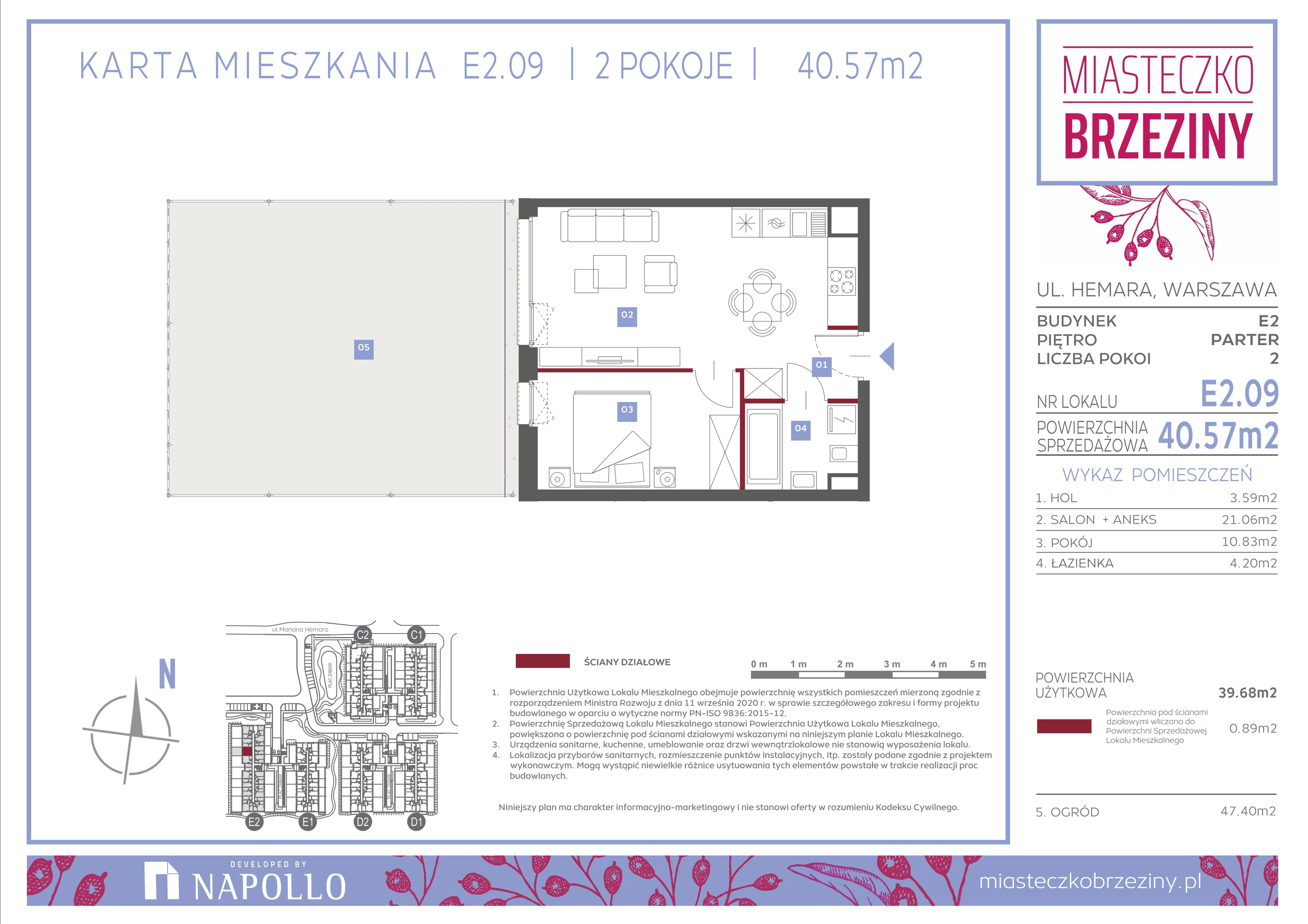 2 pokoje, mieszkanie 40,57 m², parter, oferta nr E2.09, Miasteczko Brzeziny II, Warszawa, Białołęka, Brzeziny, ul. Hemara