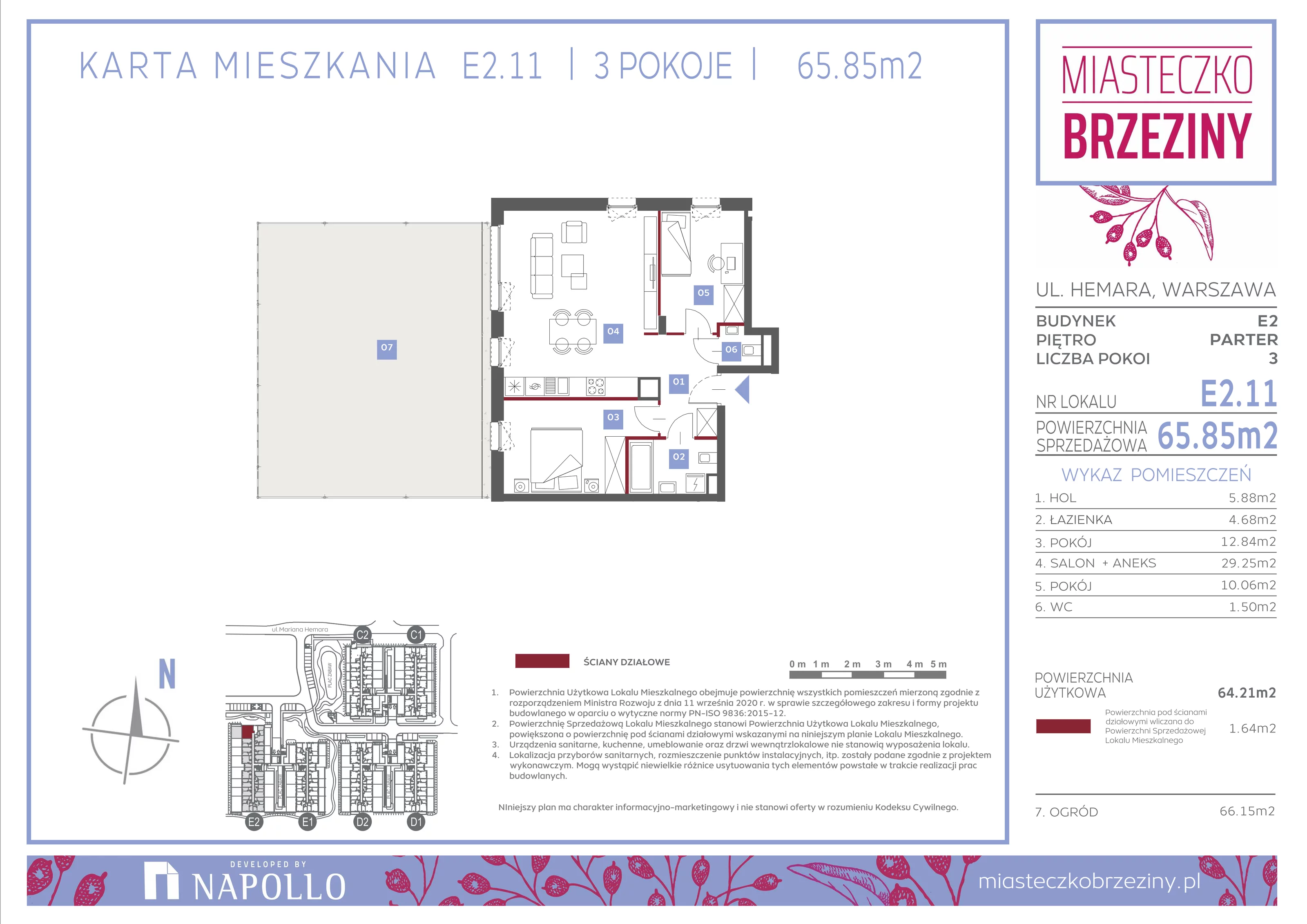 3 pokoje, mieszkanie 65,85 m², parter, oferta nr E2.11, Miasteczko Brzeziny II, Warszawa, Białołęka, Brzeziny, ul. Hemara