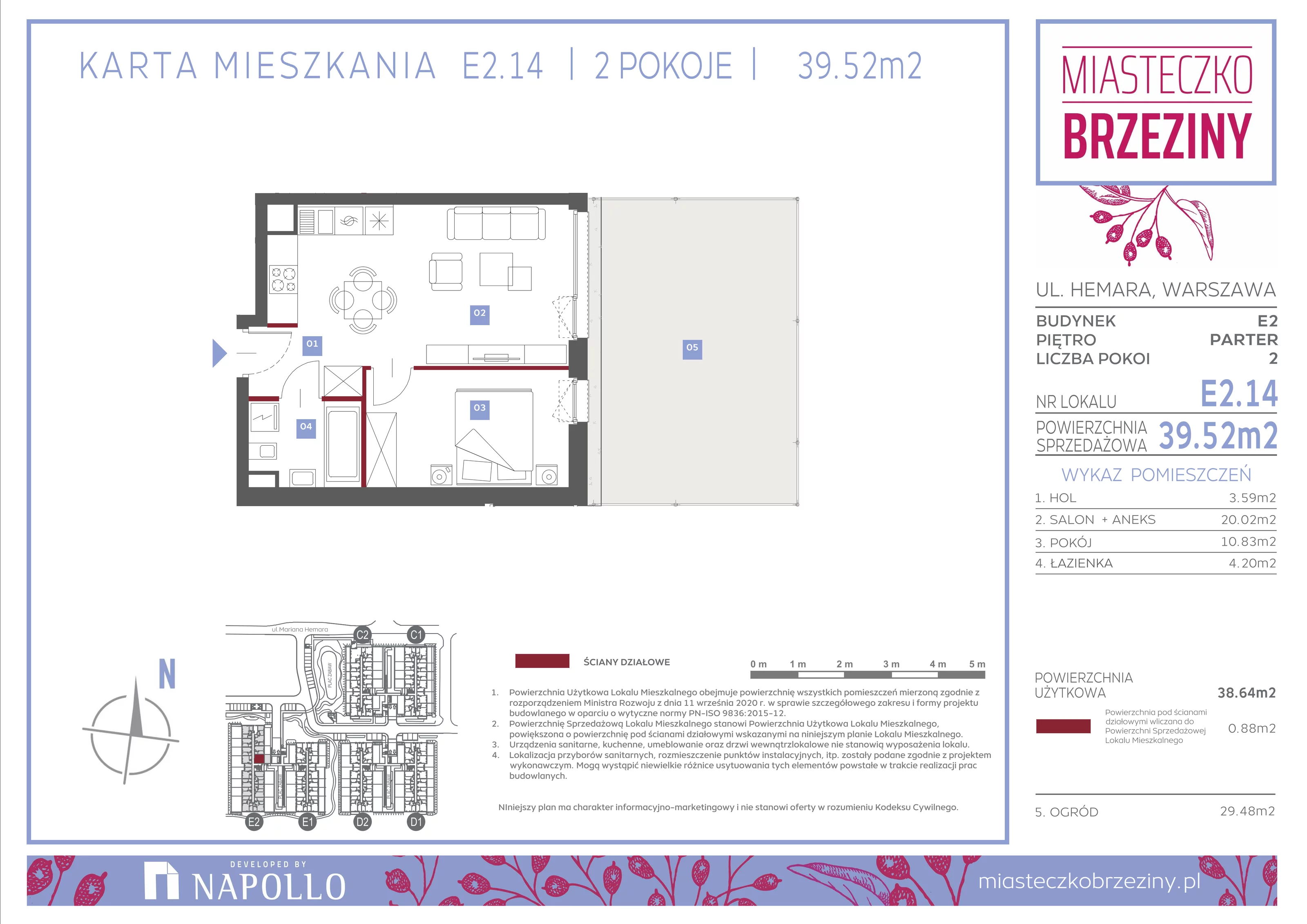 2 pokoje, mieszkanie 39,52 m², parter, oferta nr E2.14, Miasteczko Brzeziny II, Warszawa, Białołęka, Brzeziny, ul. Hemara