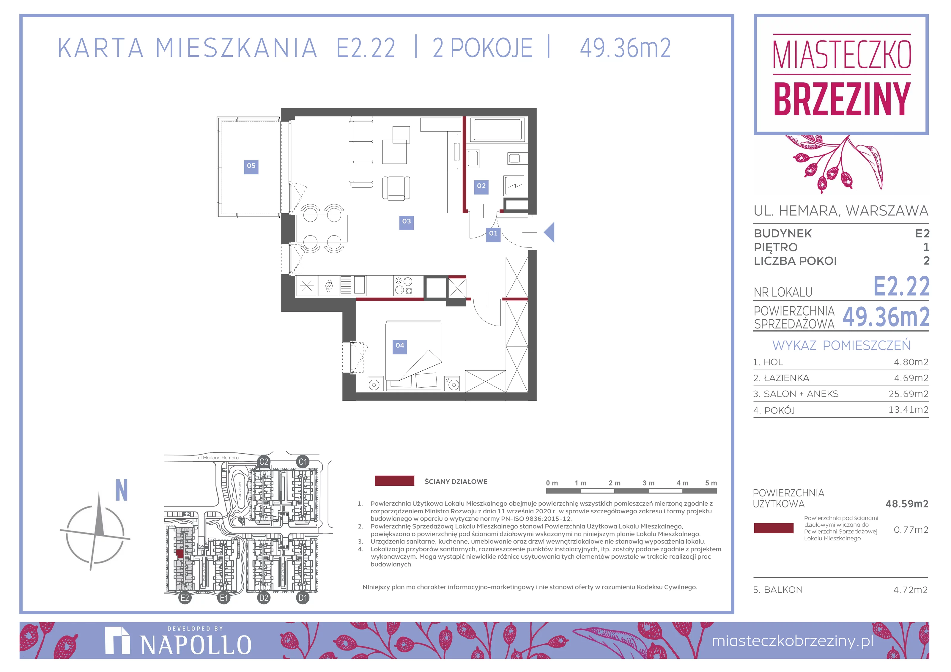 2 pokoje, mieszkanie 49,36 m², piętro 1, oferta nr E2.22, Miasteczko Brzeziny II, Warszawa, Białołęka, Brzeziny, ul. Hemara