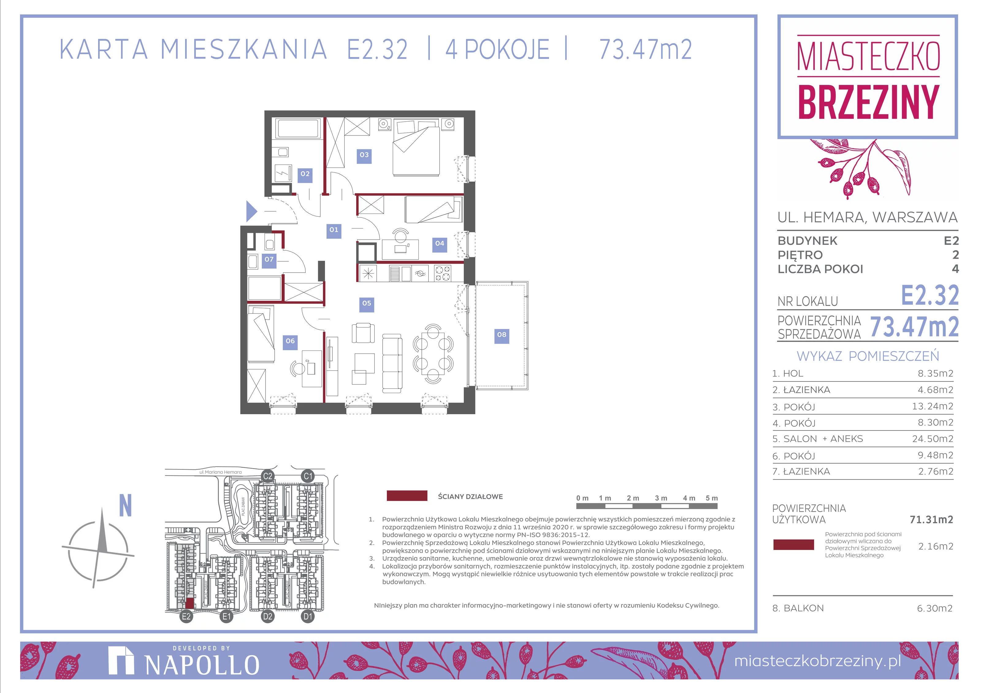 4 pokoje, mieszkanie 73,50 m², piętro 2, oferta nr E2.32, Miasteczko Brzeziny II, Warszawa, Białołęka, Brzeziny, ul. Hemara