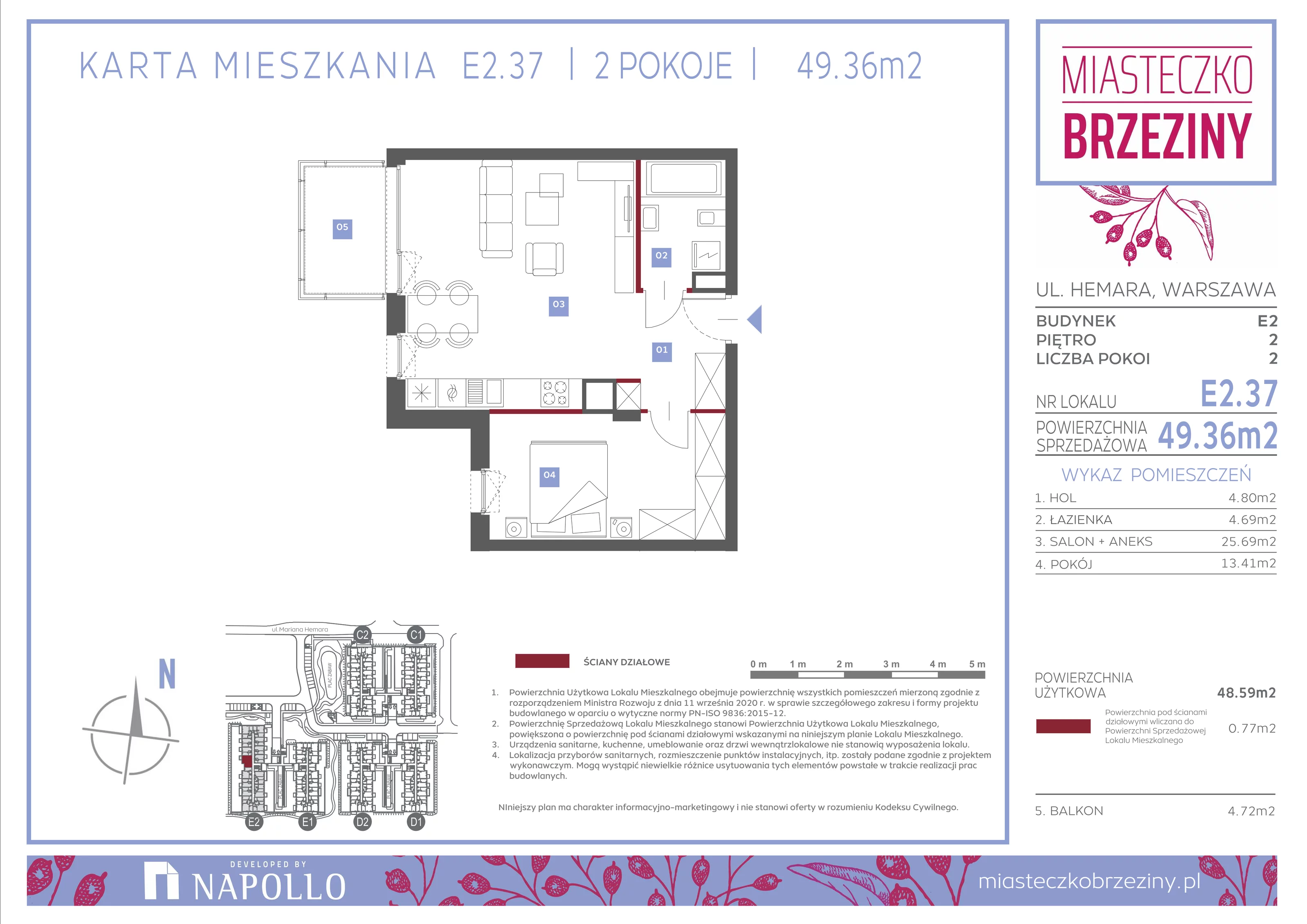 2 pokoje, mieszkanie 49,36 m², piętro 2, oferta nr E2.37, Miasteczko Brzeziny II, Warszawa, Białołęka, Brzeziny, ul. Hemara