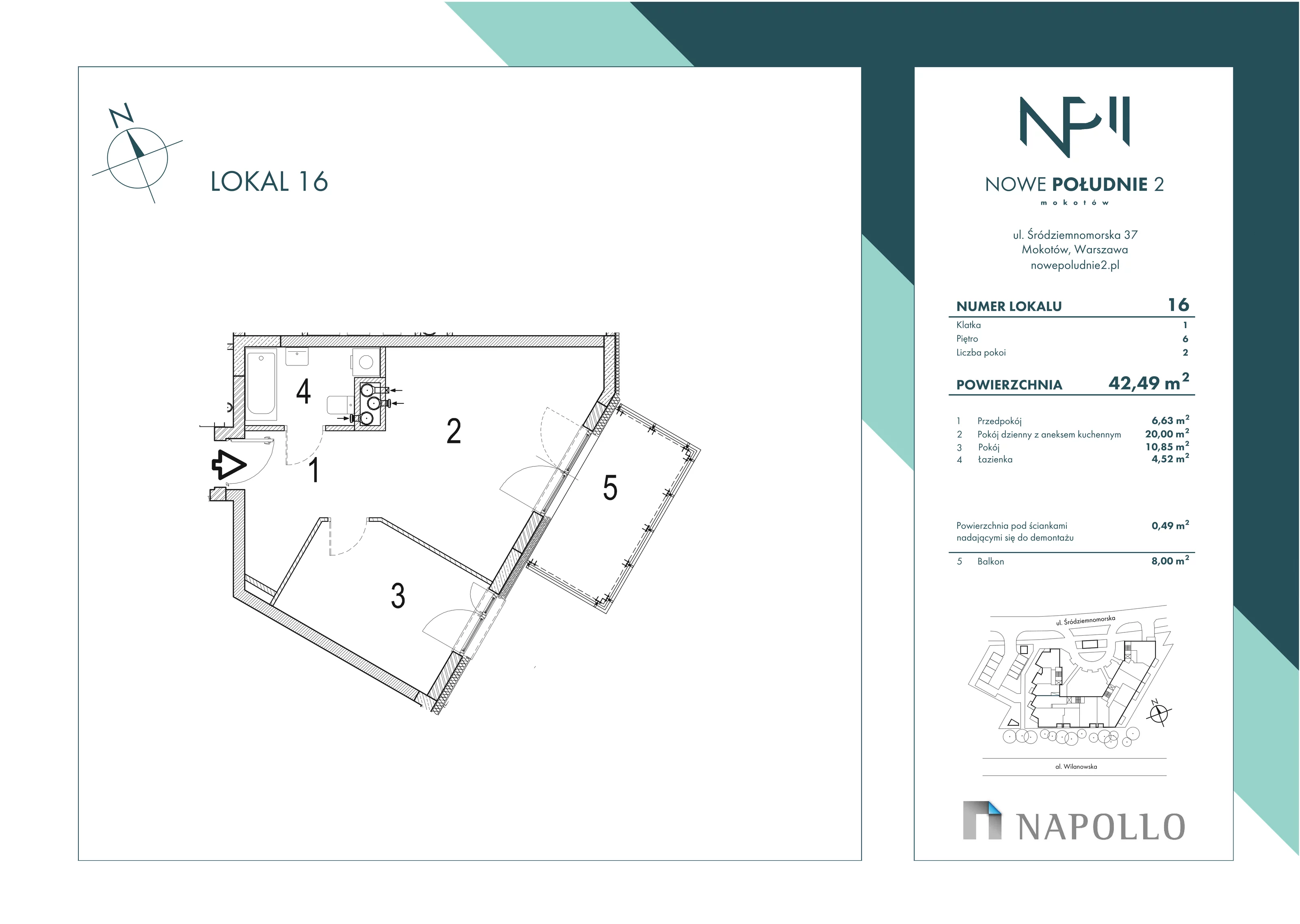 Mieszkanie 42,49 m², piętro 6, oferta nr 16, Nowe Południe II, Warszawa, Mokotów, Stegny, ul. Śródziemnomorska 37