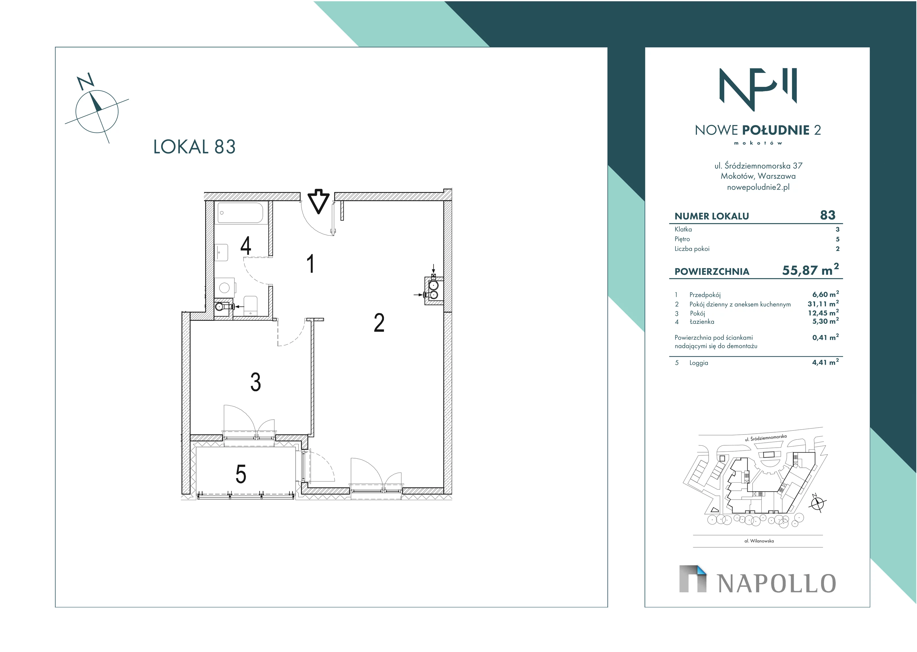 Mieszkanie 55,87 m², piętro 5, oferta nr 83, Nowe Południe II, Warszawa, Mokotów, Stegny, ul. Śródziemnomorska 37