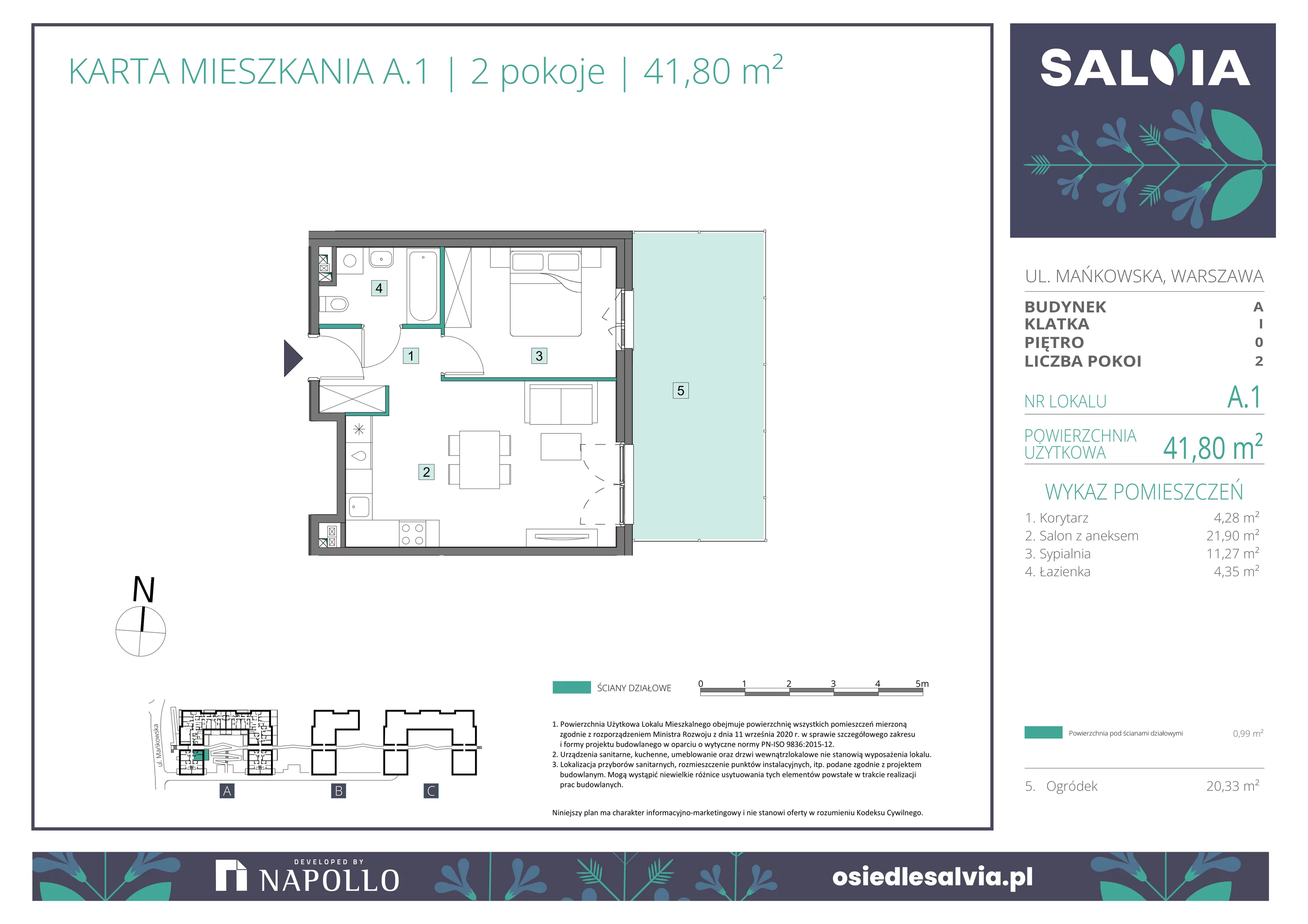 2 pokoje, mieszkanie 41,80 m², parter, oferta nr A.01, Osiedle Salvia, Warszawa, Białołęka, Kobiałka, ul. Mańkowska