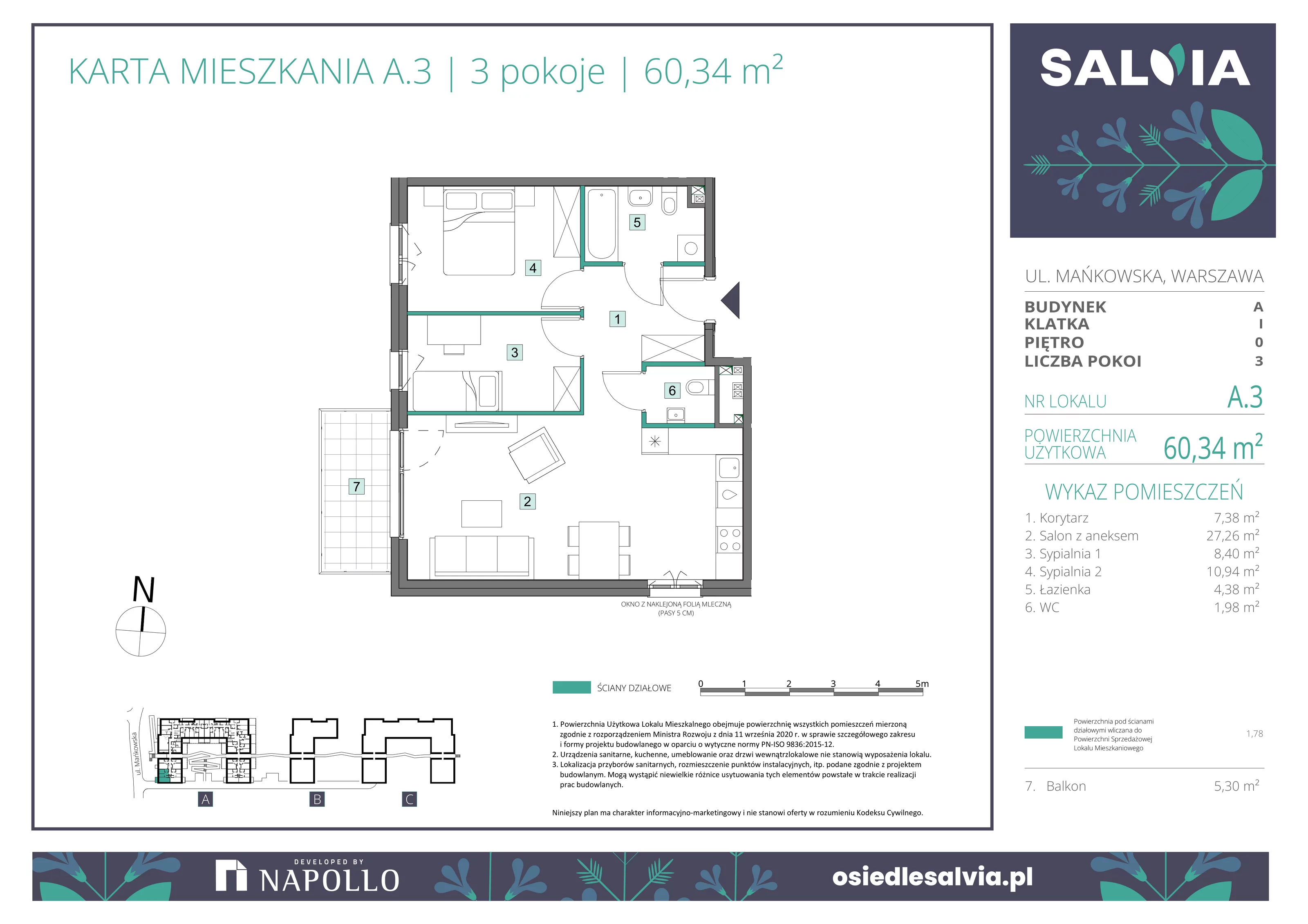 3 pokoje, mieszkanie 60,34 m², parter, oferta nr A.03, Osiedle Salvia, Warszawa, Białołęka, Kobiałka, ul. Mańkowska