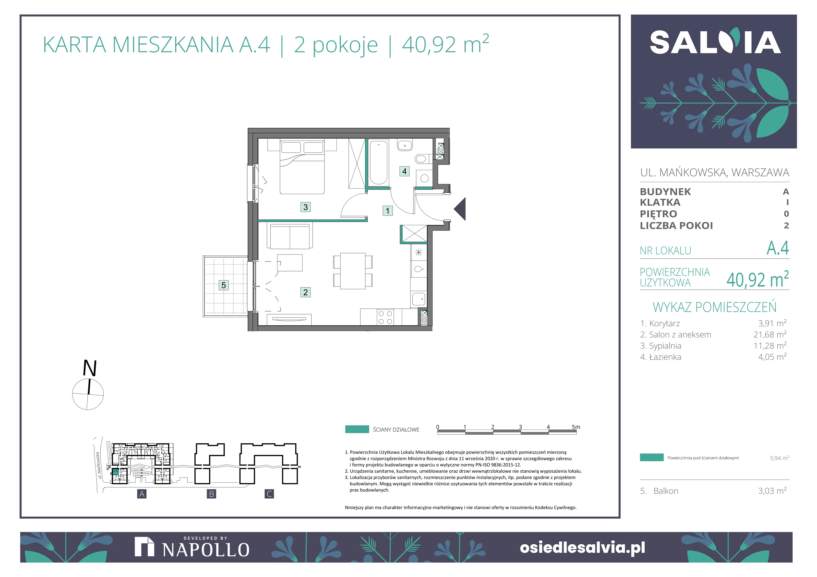2 pokoje, mieszkanie 40,92 m², parter, oferta nr A.04, Osiedle Salvia, Warszawa, Białołęka, Kobiałka, ul. Mańkowska