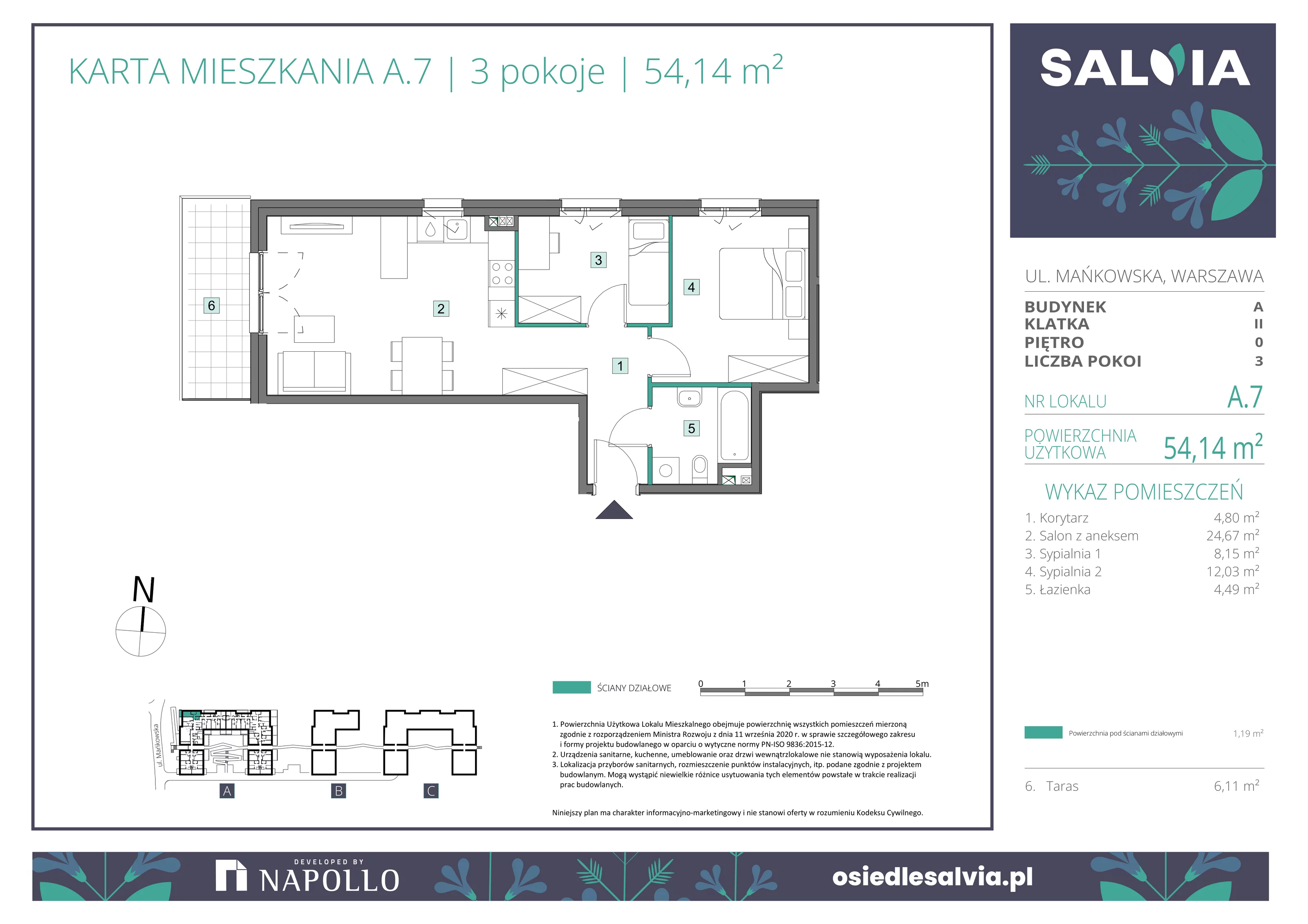 3 pokoje, mieszkanie 54,14 m², parter, oferta nr A.07, Osiedle Salvia, Warszawa, Białołęka, Kobiałka, ul. Mańkowska