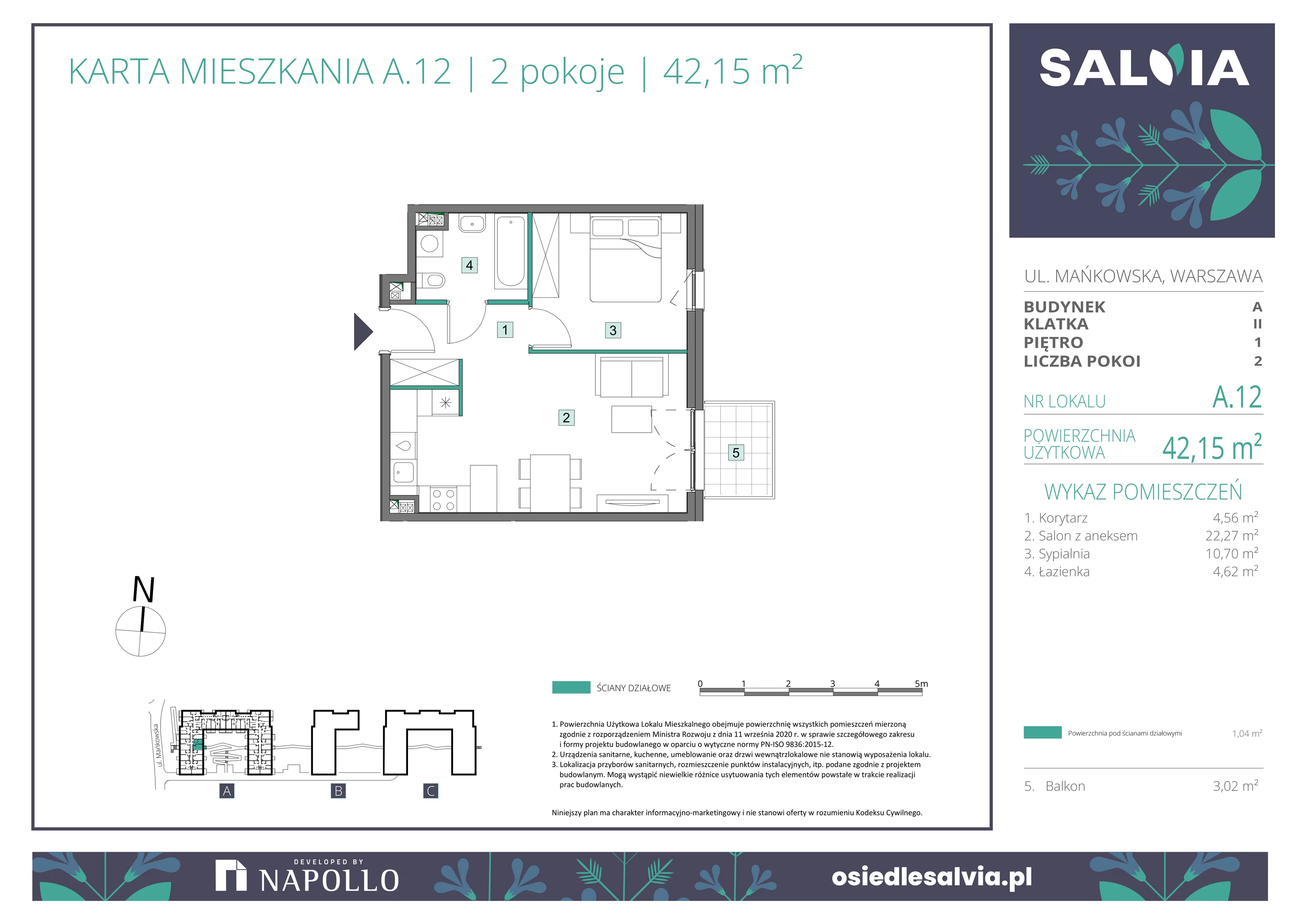 2 pokoje, mieszkanie 42,15 m², piętro 1, oferta nr A.12, Osiedle Salvia, Warszawa, Białołęka, Kobiałka, ul. Mańkowska