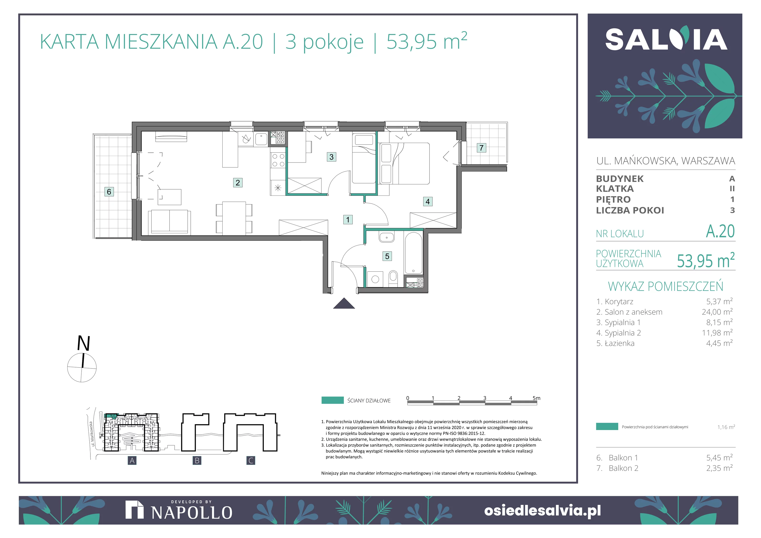 3 pokoje, mieszkanie 53,95 m², piętro 1, oferta nr A.20, Osiedle Salvia, Warszawa, Białołęka, Kobiałka, ul. Mańkowska