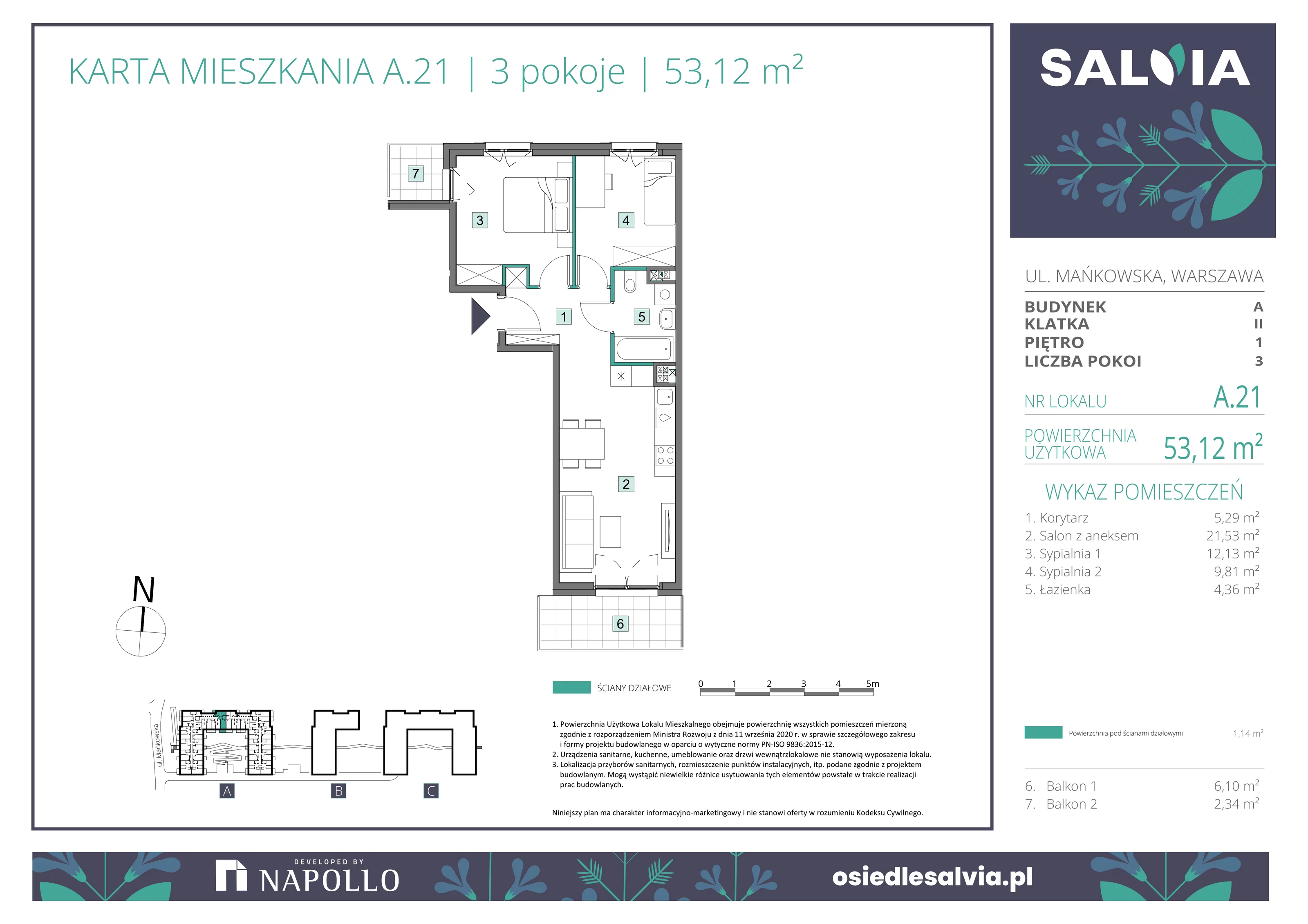 3 pokoje, mieszkanie 53,12 m², piętro 1, oferta nr A.21, Osiedle Salvia, Warszawa, Białołęka, Kobiałka, ul. Mańkowska