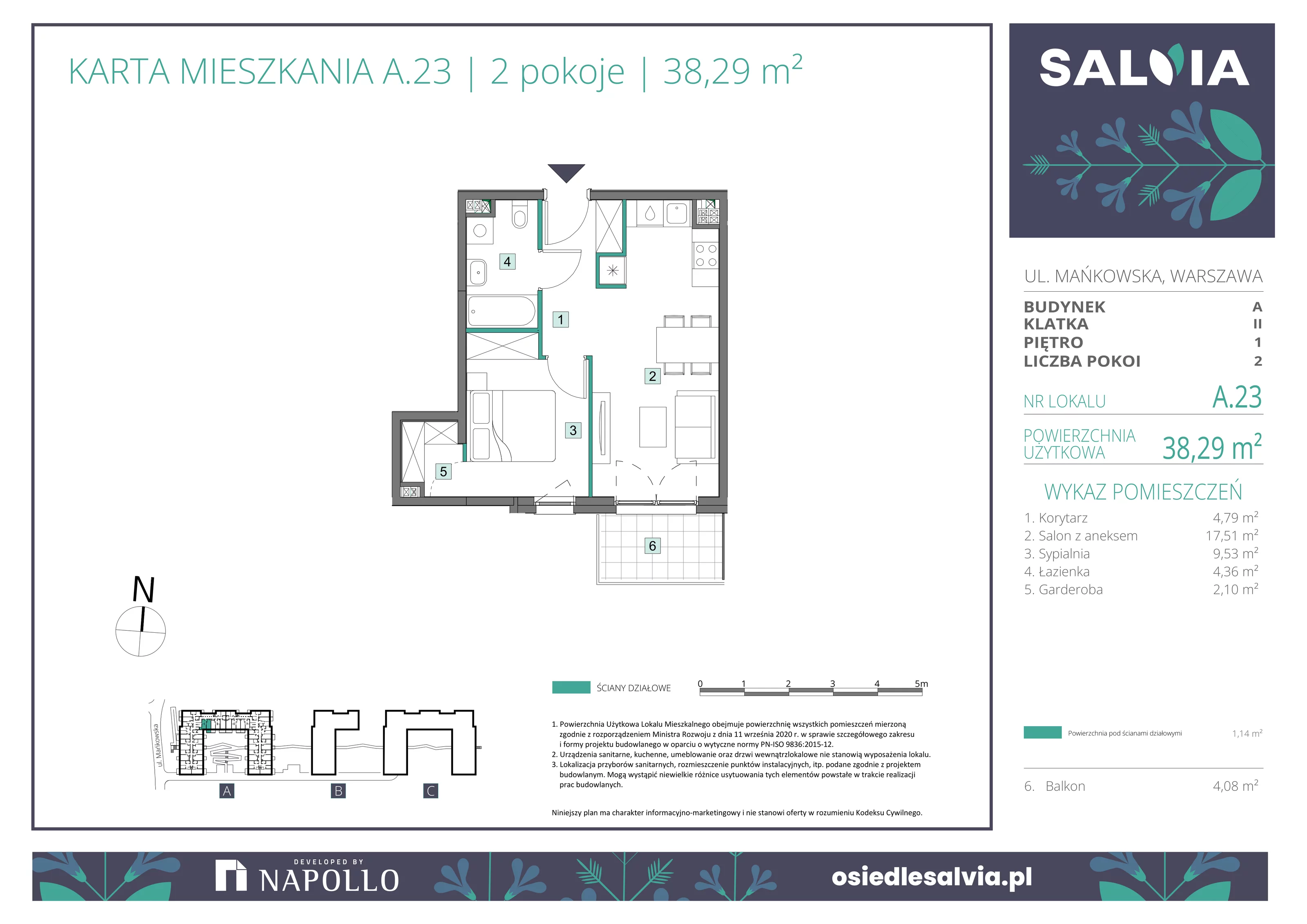 2 pokoje, mieszkanie 38,29 m², piętro 1, oferta nr A.23, Osiedle Salvia, Warszawa, Białołęka, Kobiałka, ul. Mańkowska