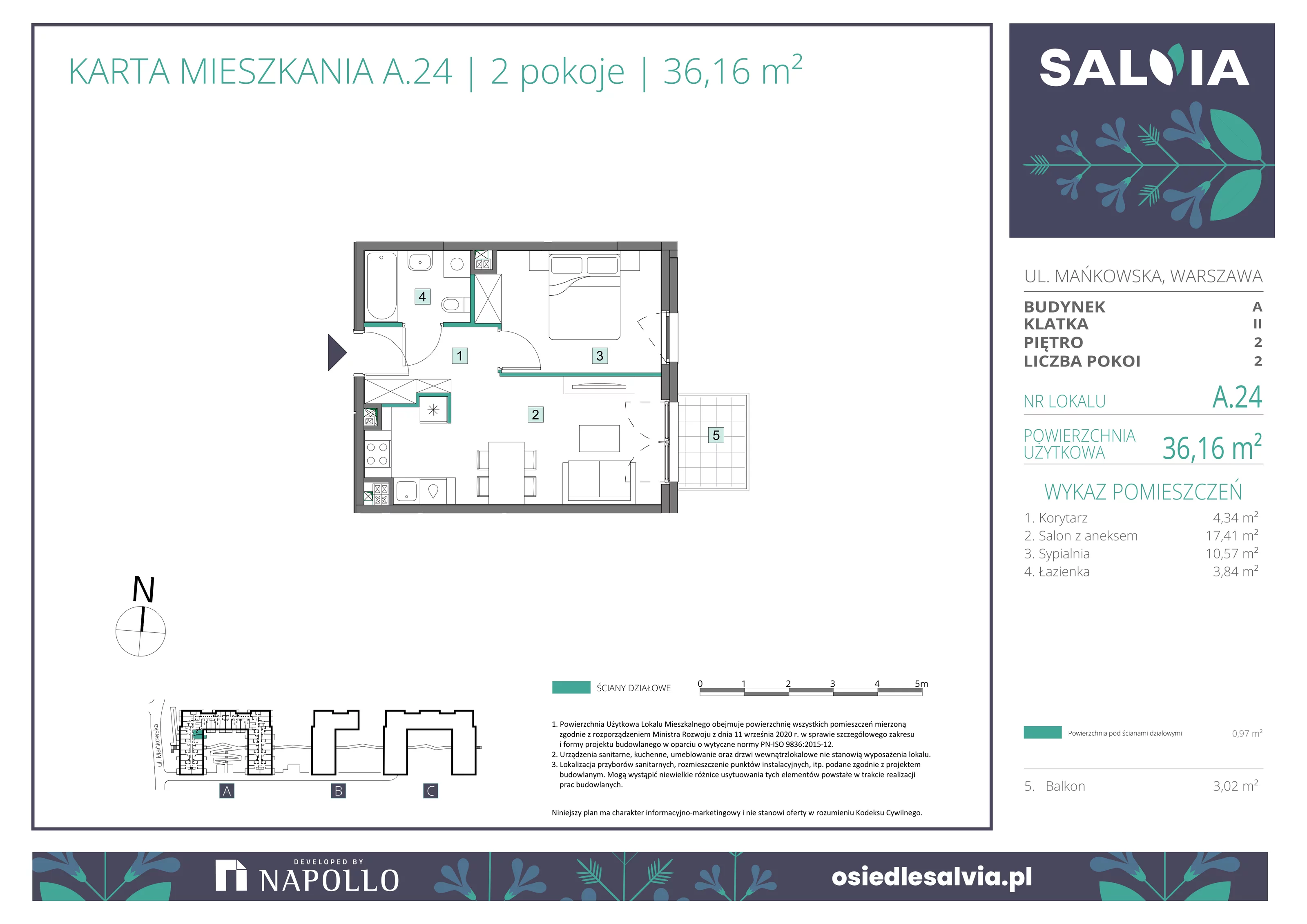2 pokoje, mieszkanie 36,16 m², piętro 2, oferta nr A.24, Osiedle Salvia, Warszawa, Białołęka, Kobiałka, ul. Mańkowska