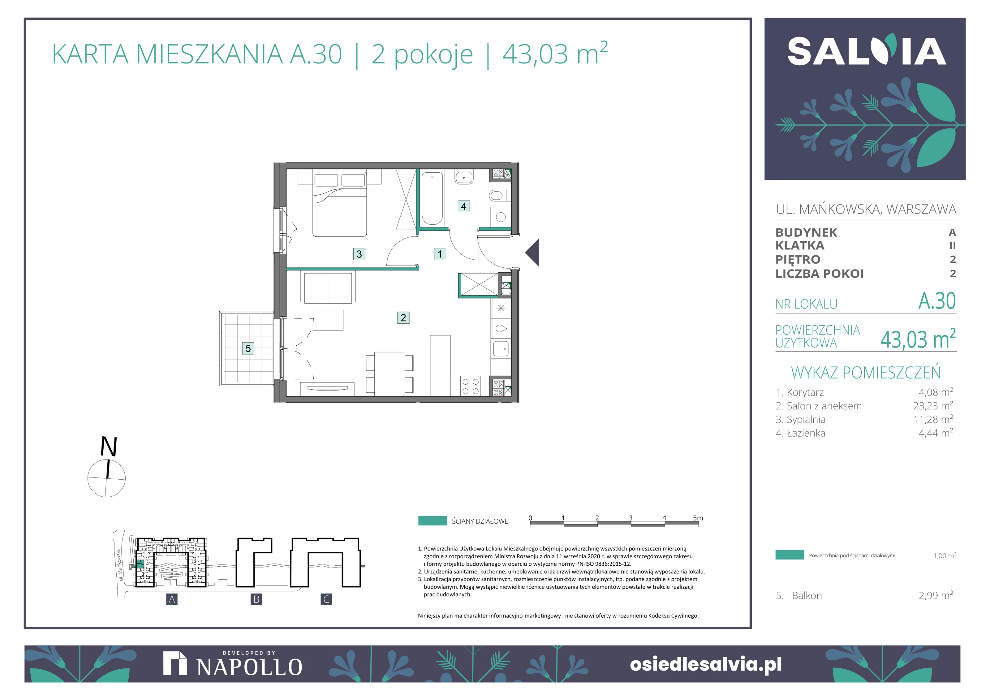 2 pokoje, mieszkanie 43,03 m², piętro 2, oferta nr A.30, Osiedle Salvia, Warszawa, Białołęka, Kobiałka, ul. Mańkowska