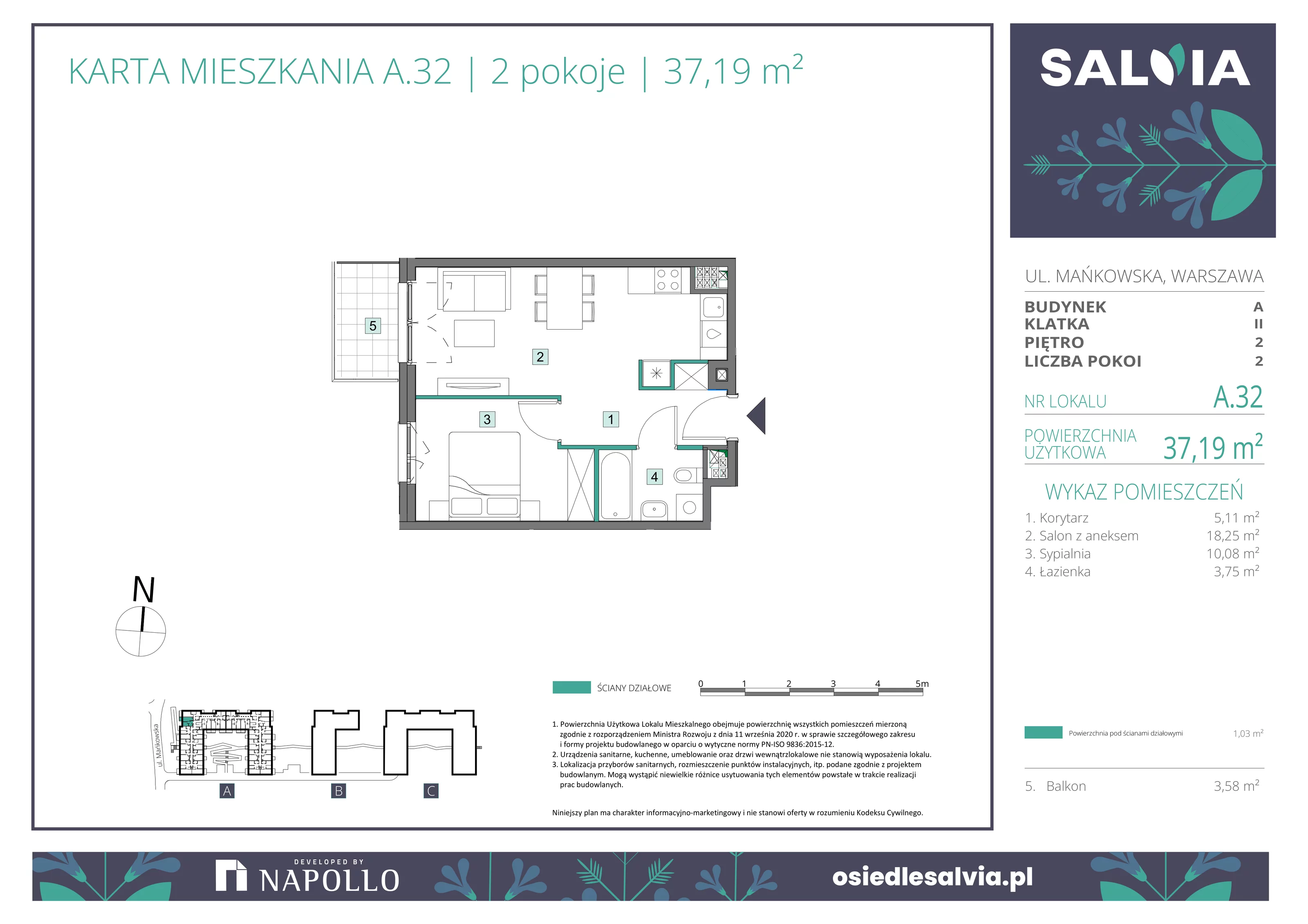 2 pokoje, mieszkanie 37,19 m², piętro 2, oferta nr A.32, Osiedle Salvia, Warszawa, Białołęka, Kobiałka, ul. Mańkowska
