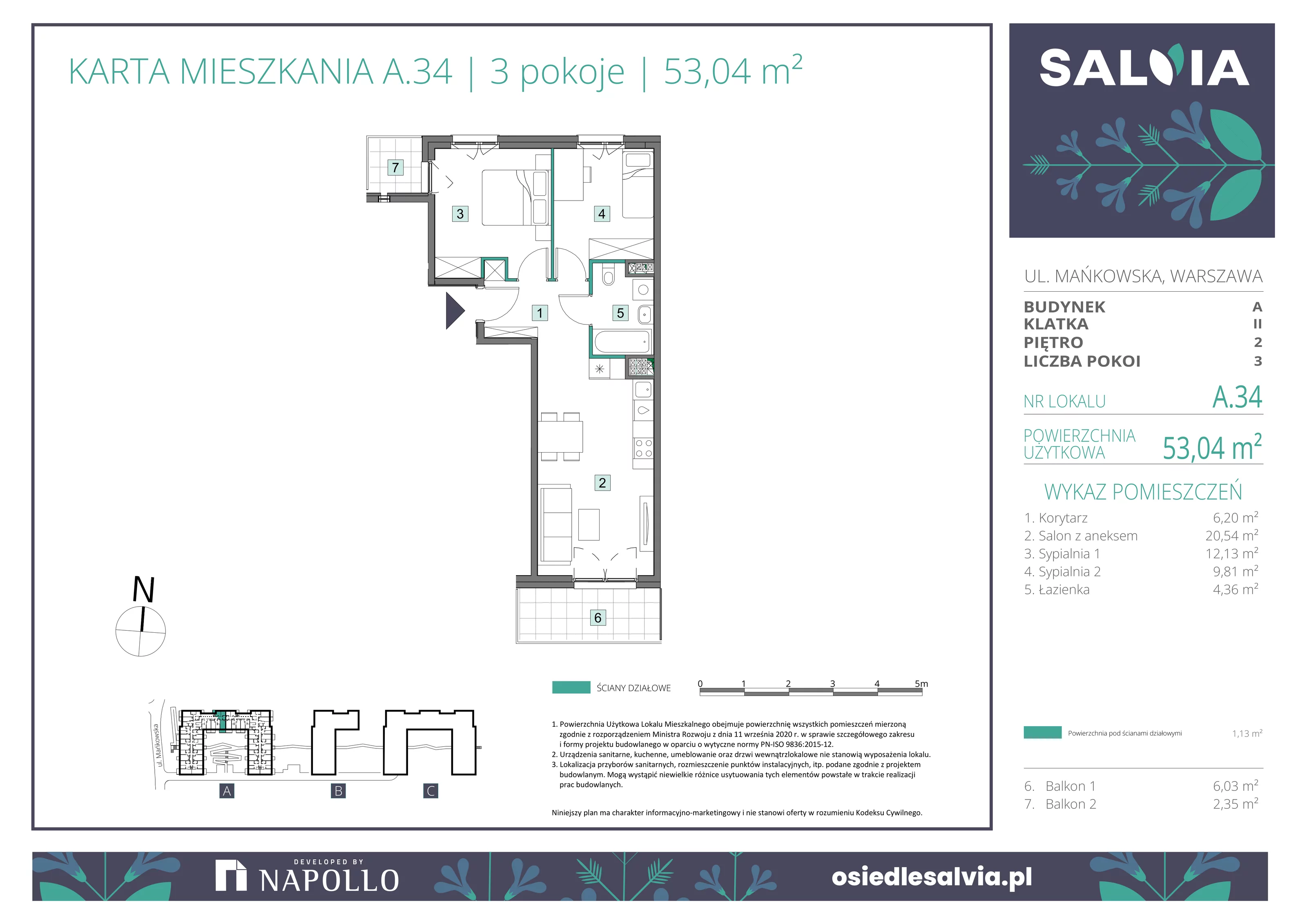 3 pokoje, mieszkanie 53,04 m², piętro 2, oferta nr A.34, Osiedle Salvia, Warszawa, Białołęka, Kobiałka, ul. Mańkowska