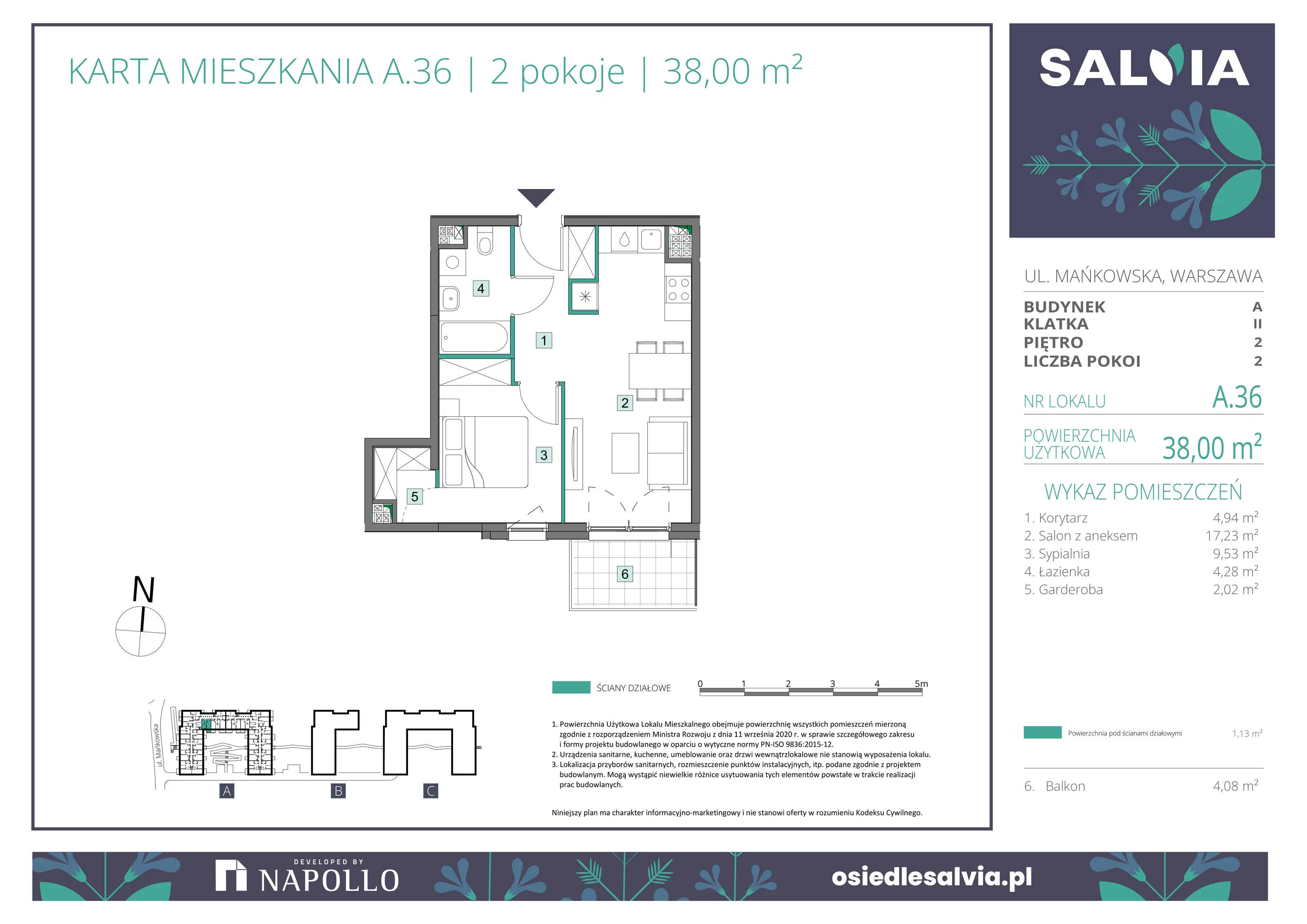 2 pokoje, mieszkanie 38,00 m², piętro 2, oferta nr A.36, Osiedle Salvia, Warszawa, Białołęka, Kobiałka, ul. Mańkowska